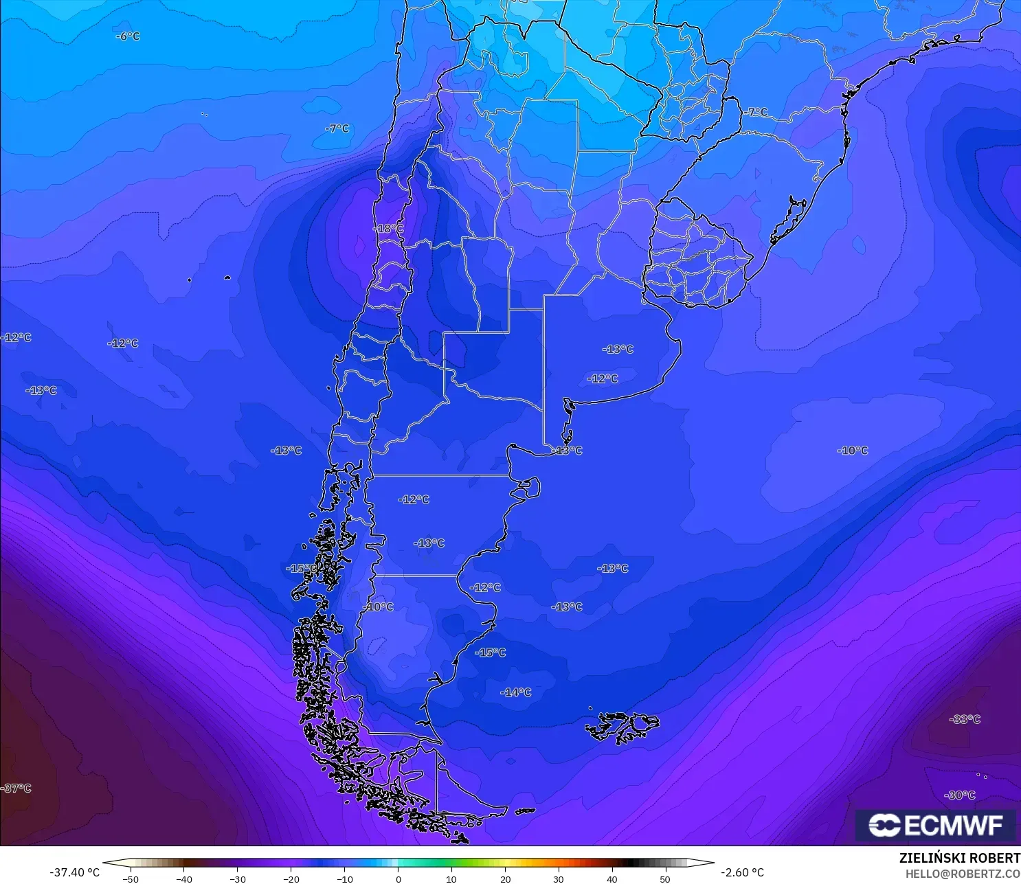 ECMWF IFS 0.25° model - Argentina, Temperature at 500hPa