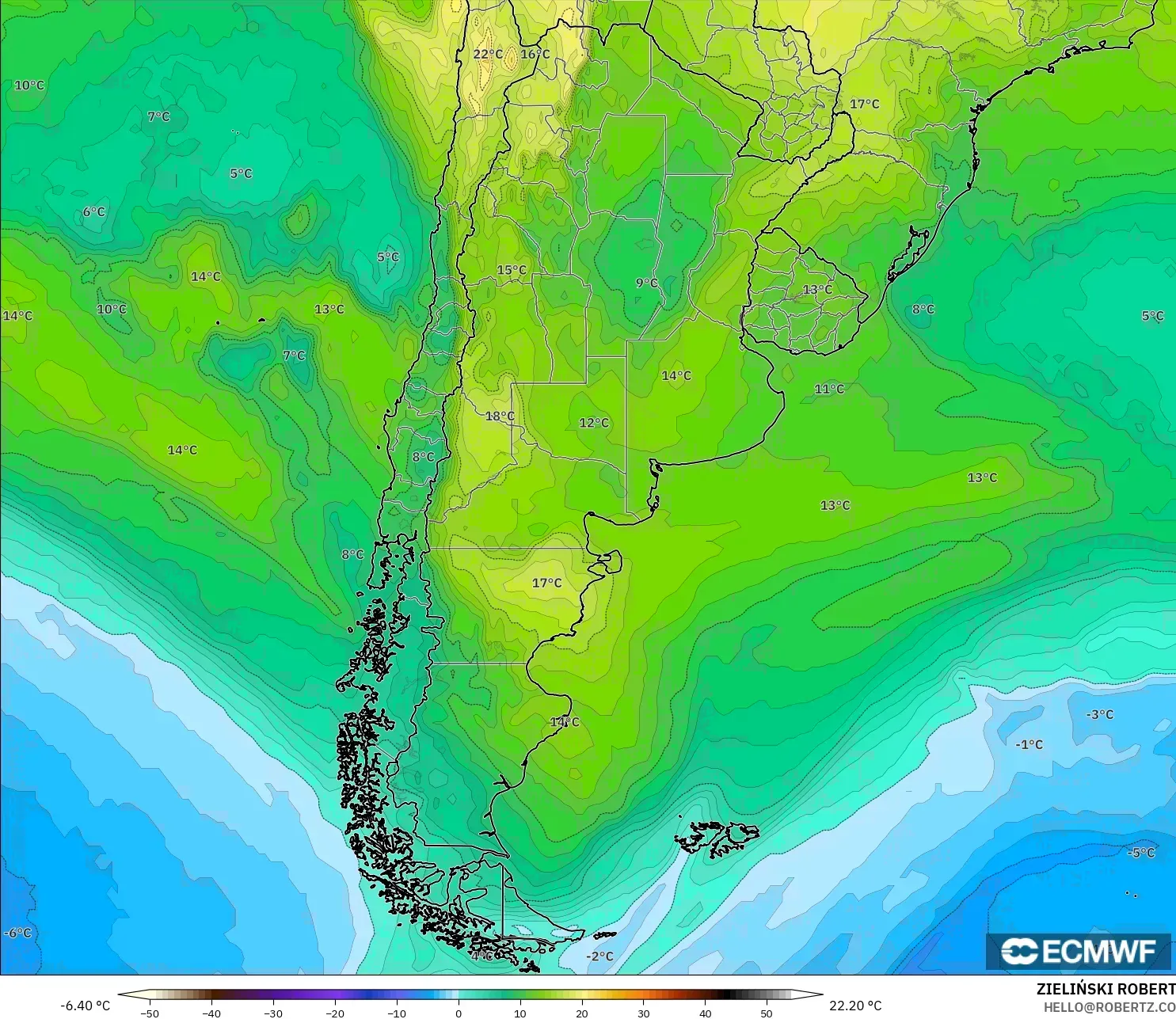 ECMWF IFS 0.25° model - Argentina, Temperature at 850hPa