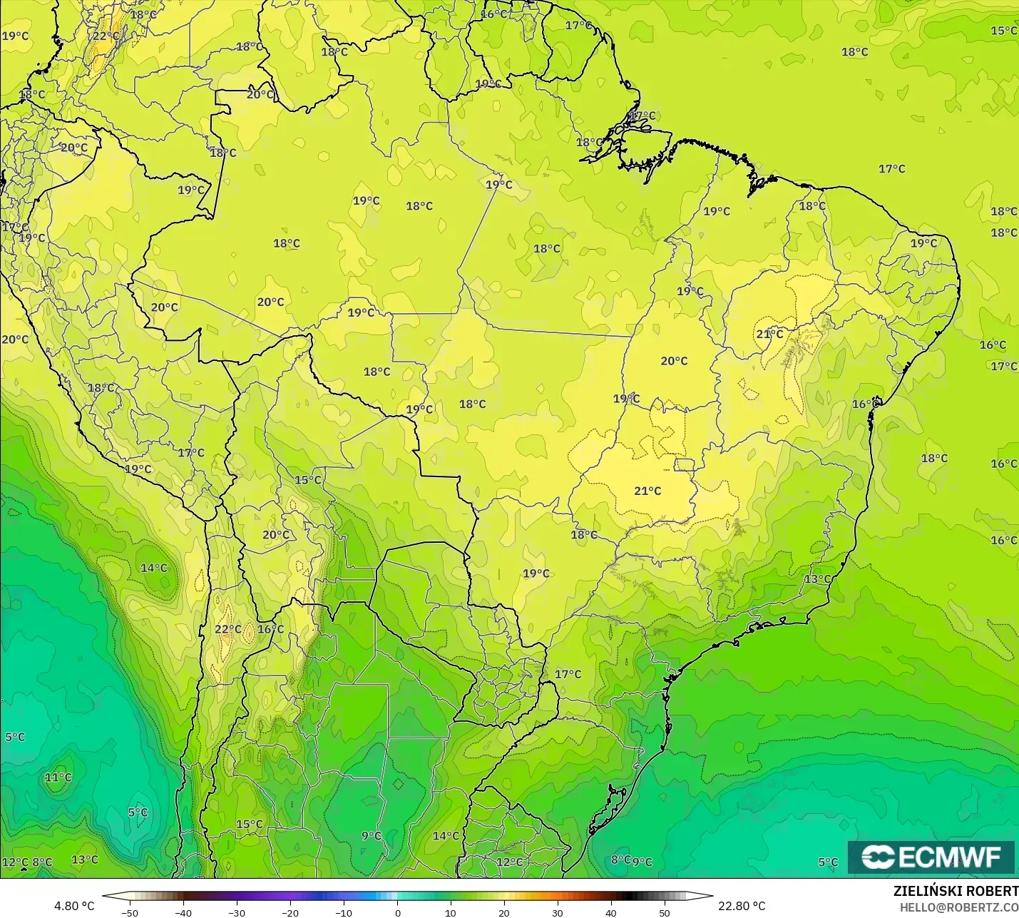 ECMWF IFS 0.25° model - Brazil, Temperature at 850hPa