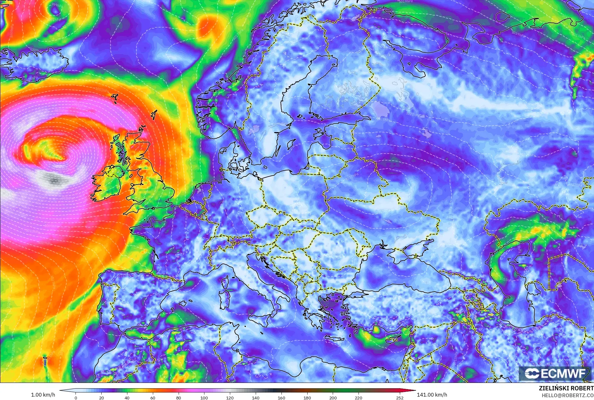 ECMWF IFS 0.25° model - Europe, Wind Gusts Peak