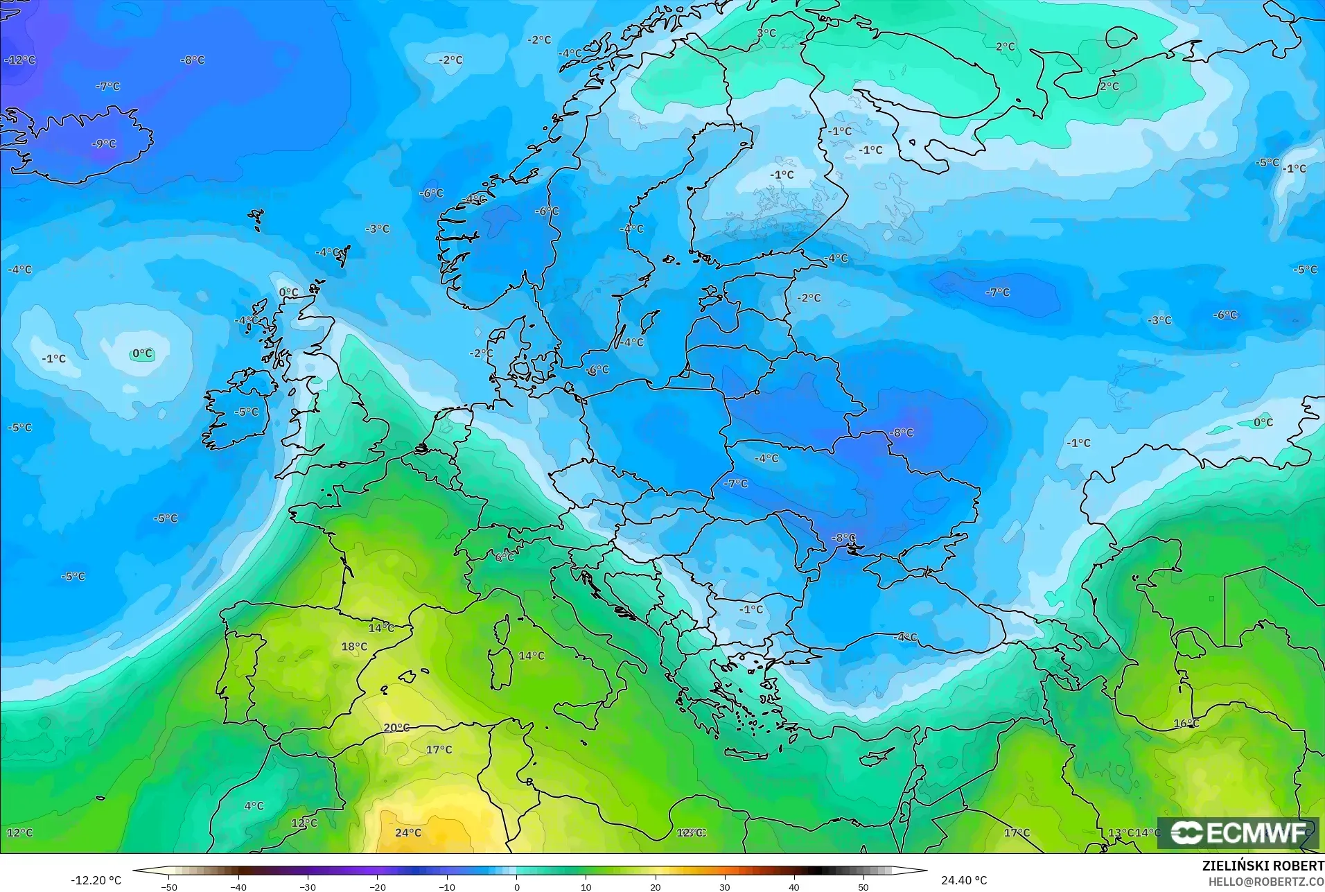 ECMWF IFS 0.25° model - Europe, Temperature at 850hPa