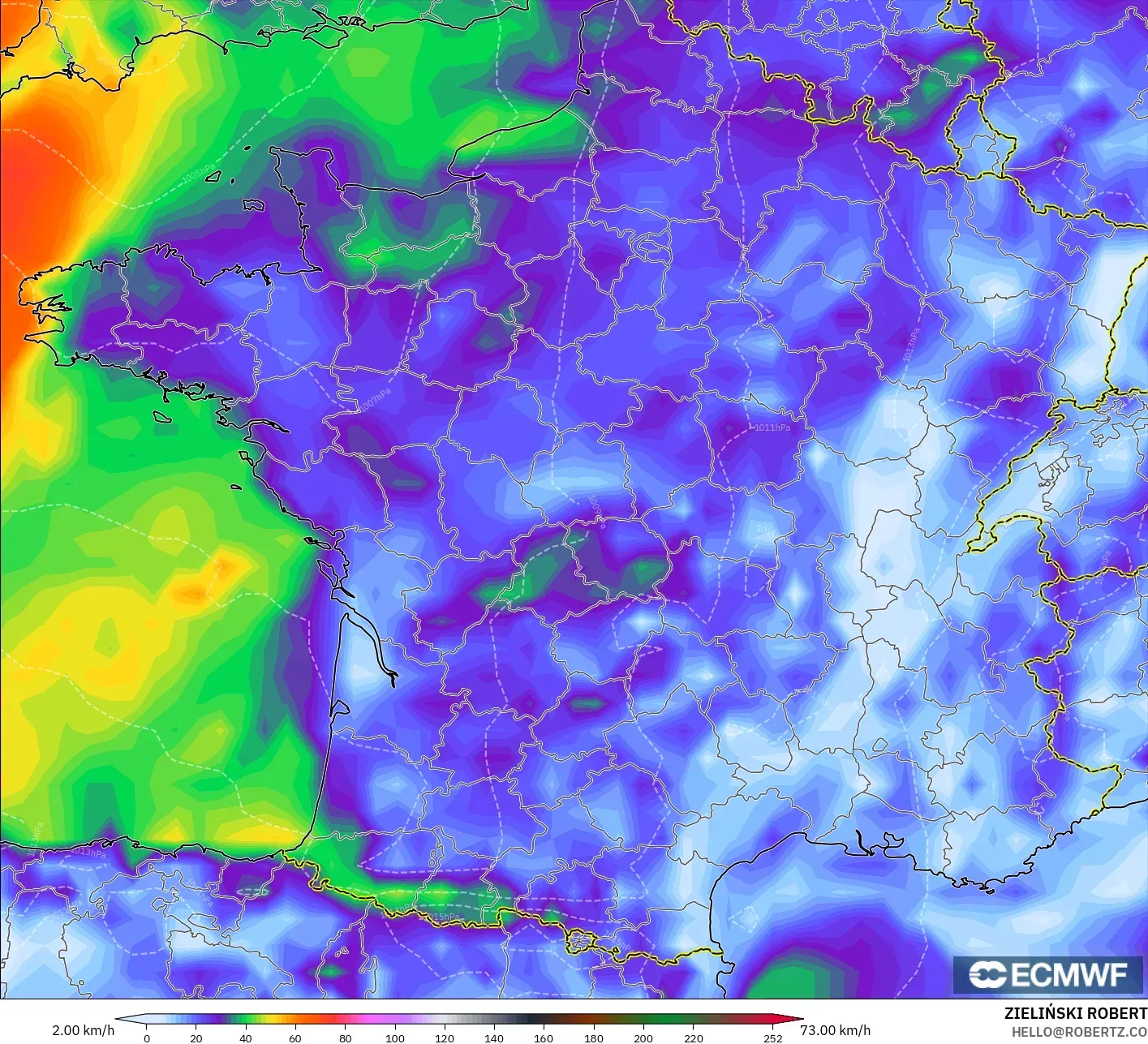 ECMWF IFS 0.25° model - France, Wind Gusts Peak