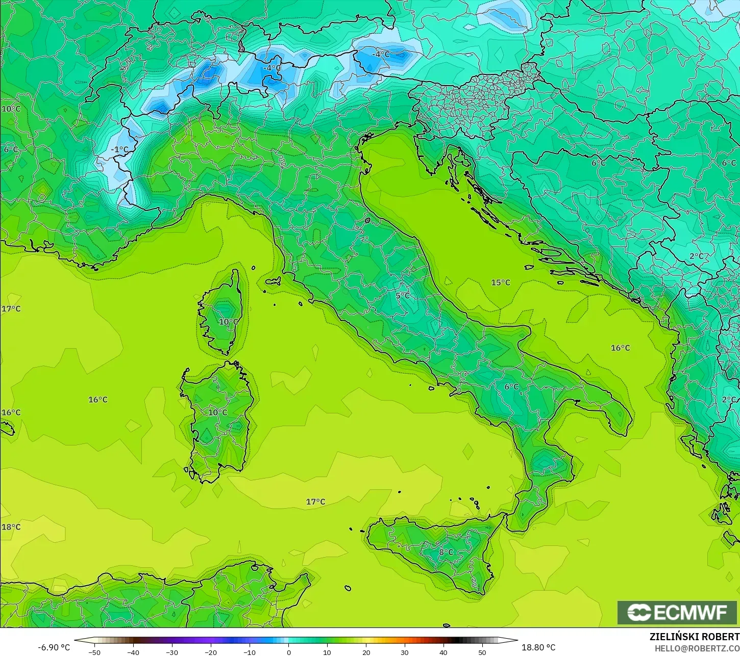 ECMWF IFS 0.25° model - Italy, Temperature at 2m