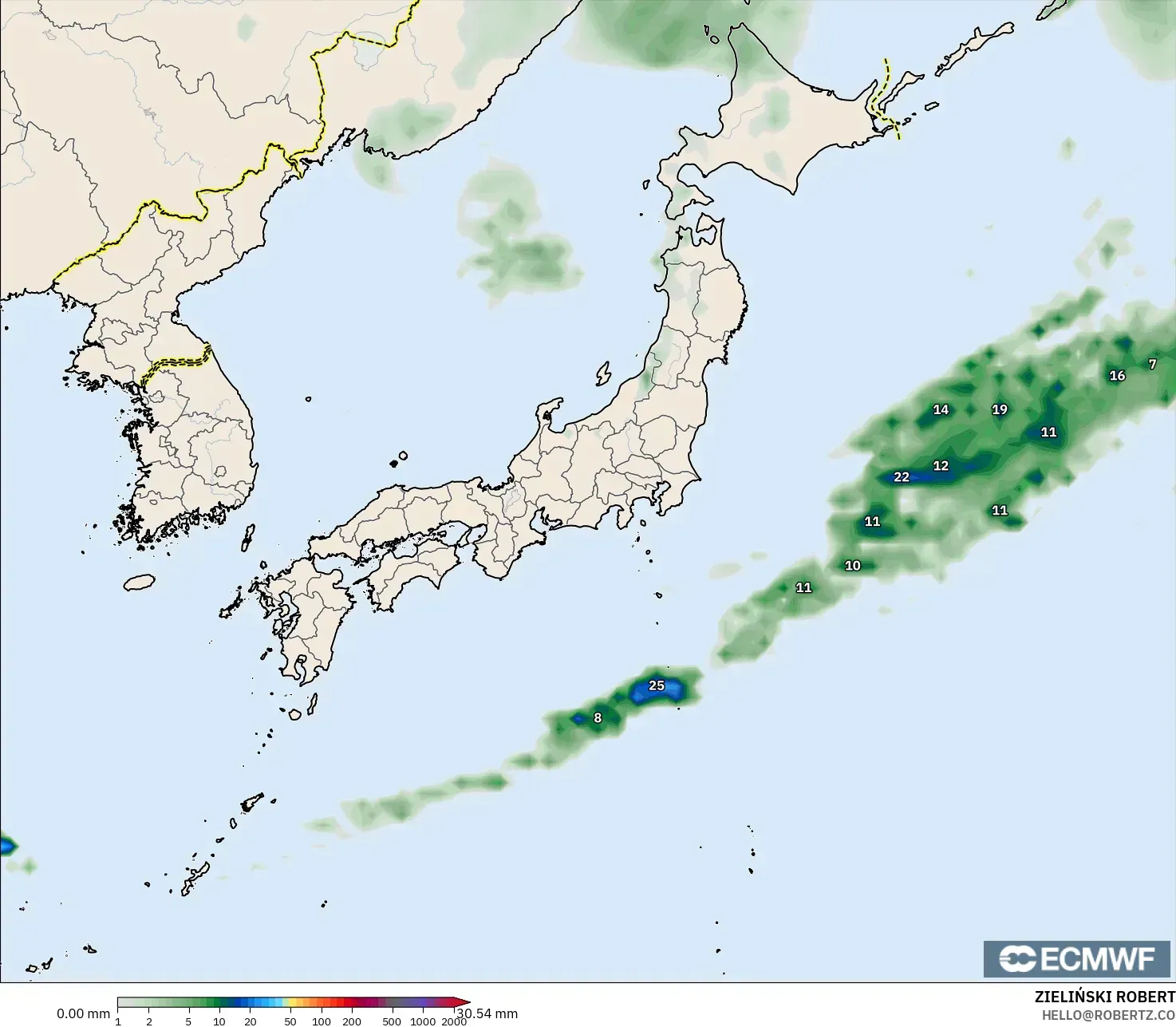 ECMWF IFS 0.25° model - Japan, Precipitation Accumulation
