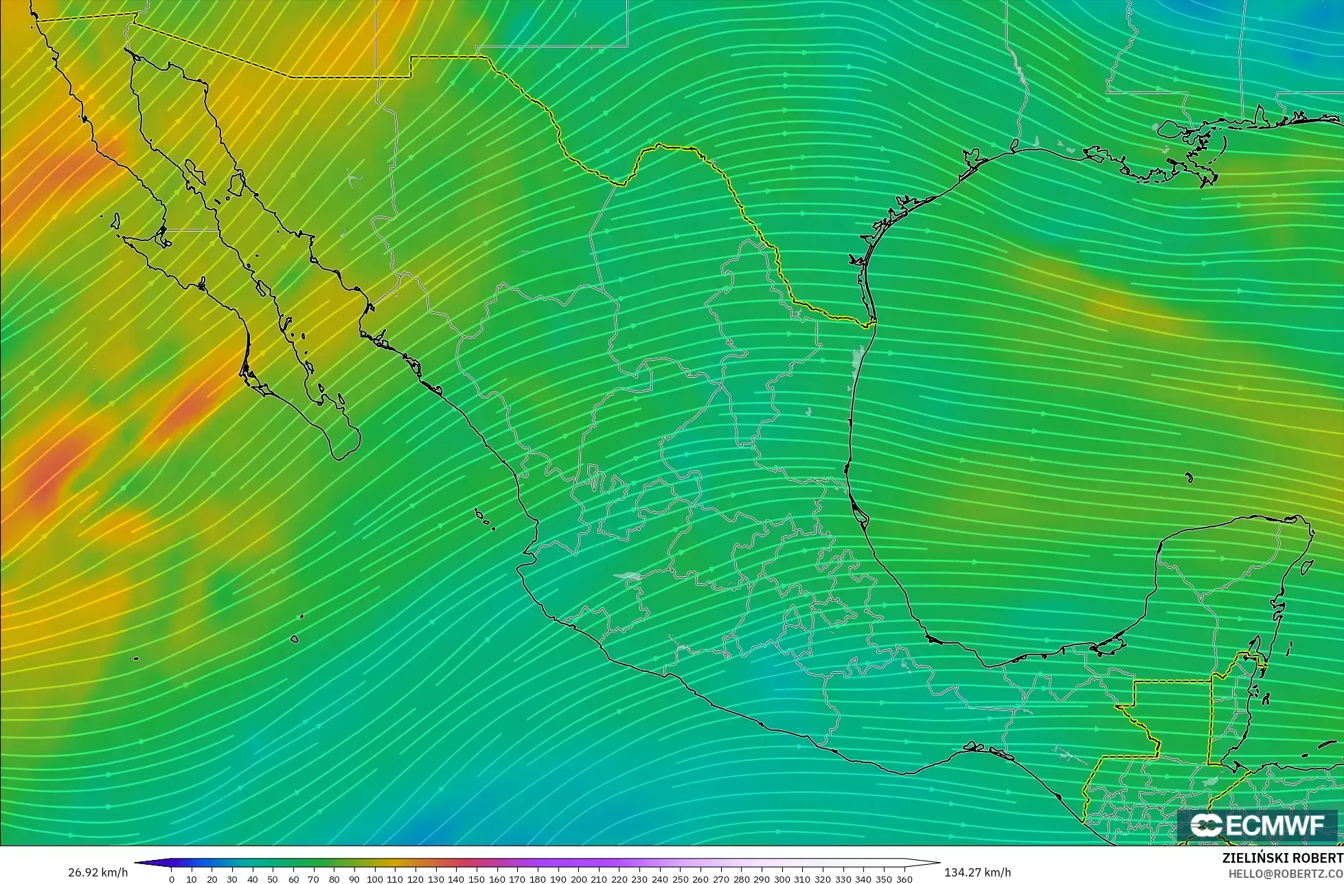 ECMWF IFS 0.25° model - Mexico, Wind at 300hPa (jet stream)