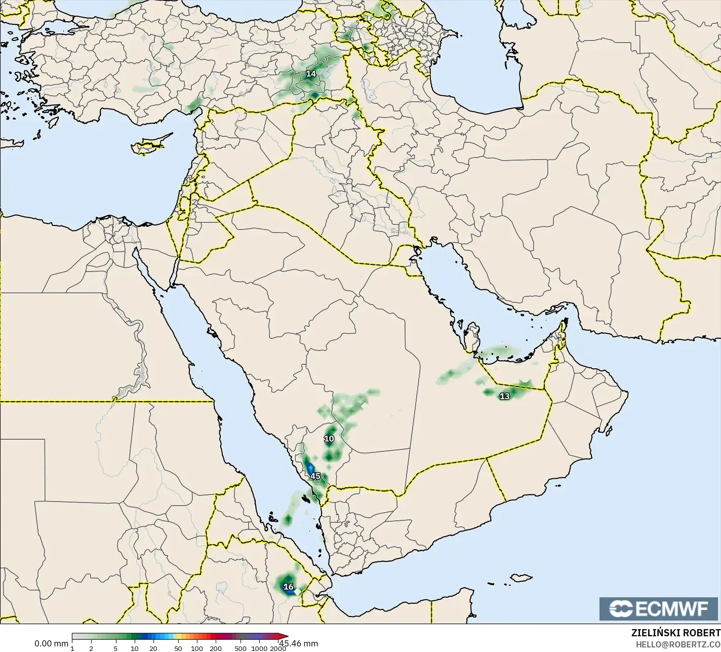 ECMWF IFS 0.25° model - Middle East, Precipitation Accumulation