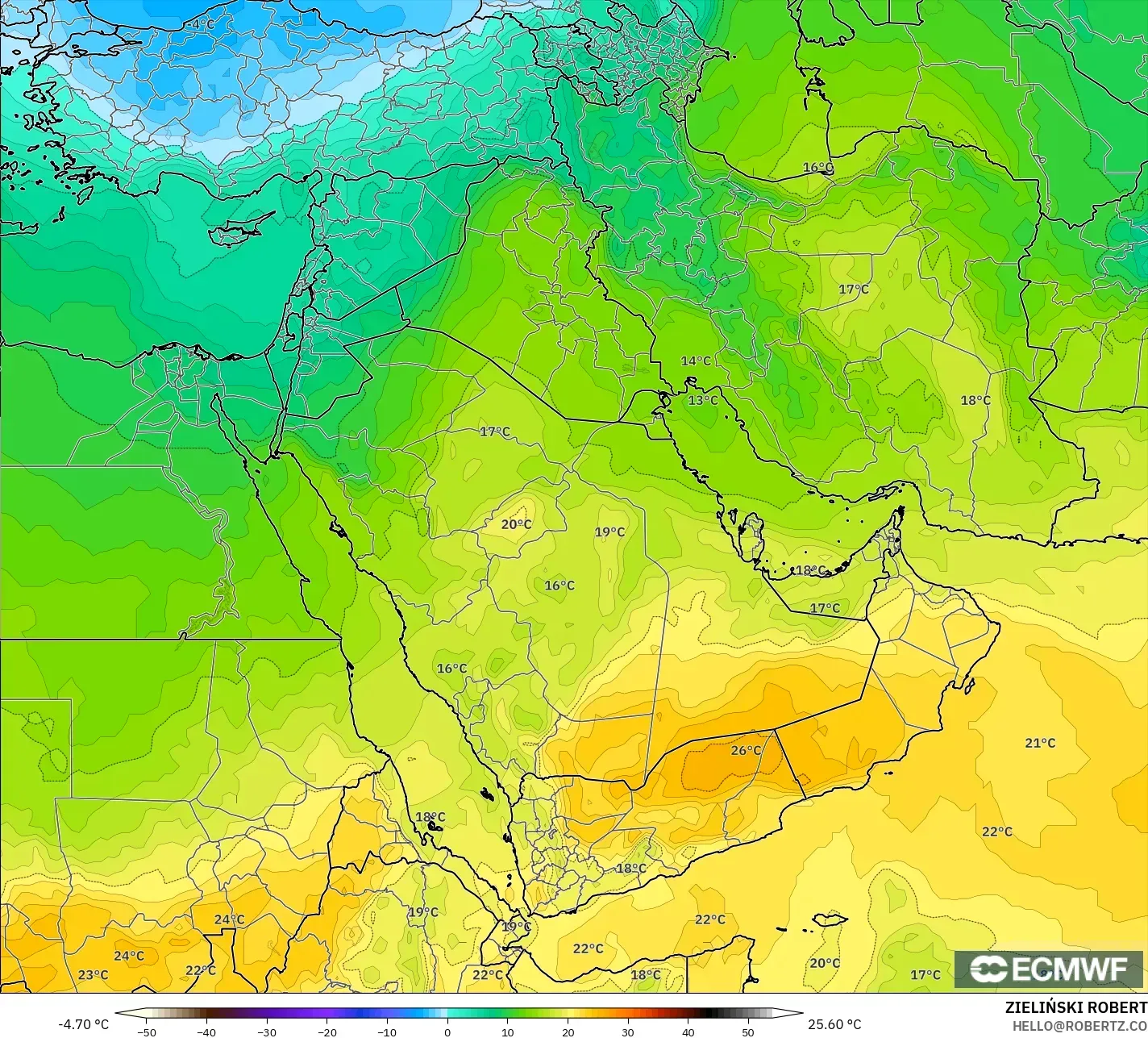 ECMWF IFS 0.25° model - Middle East, Temperature at 850hPa