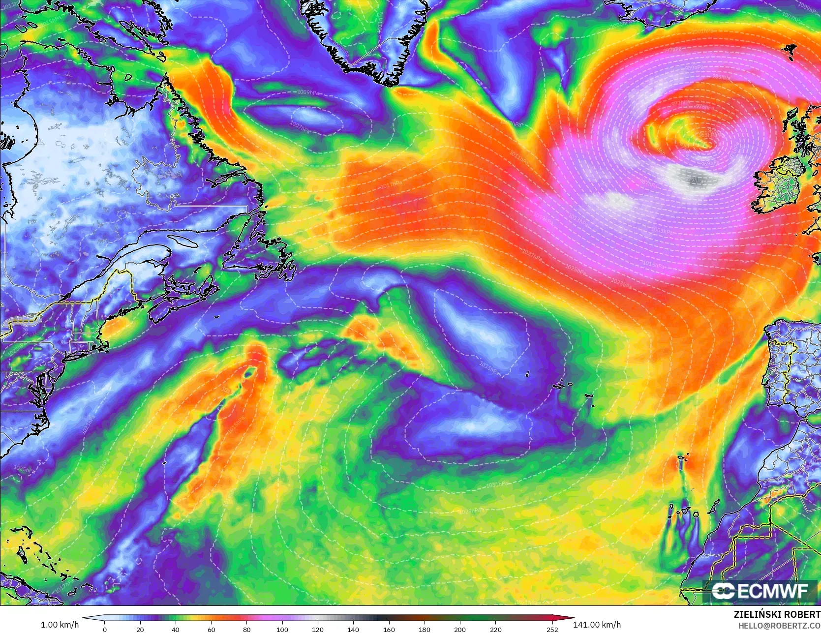 ECMWF IFS 0.25° model - North Atlantic, Wind Gusts Peak