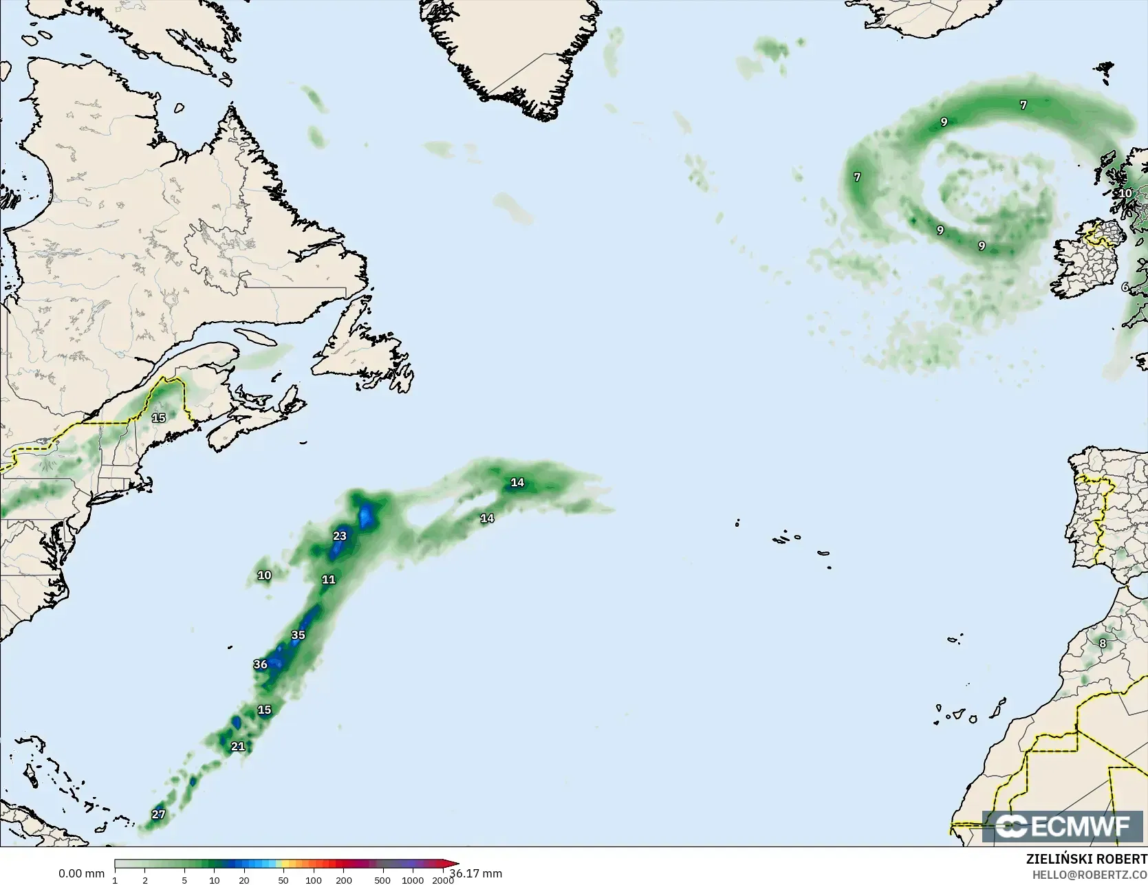 ECMWF IFS 0.25° model - North Atlantic, Precipitation Accumulation