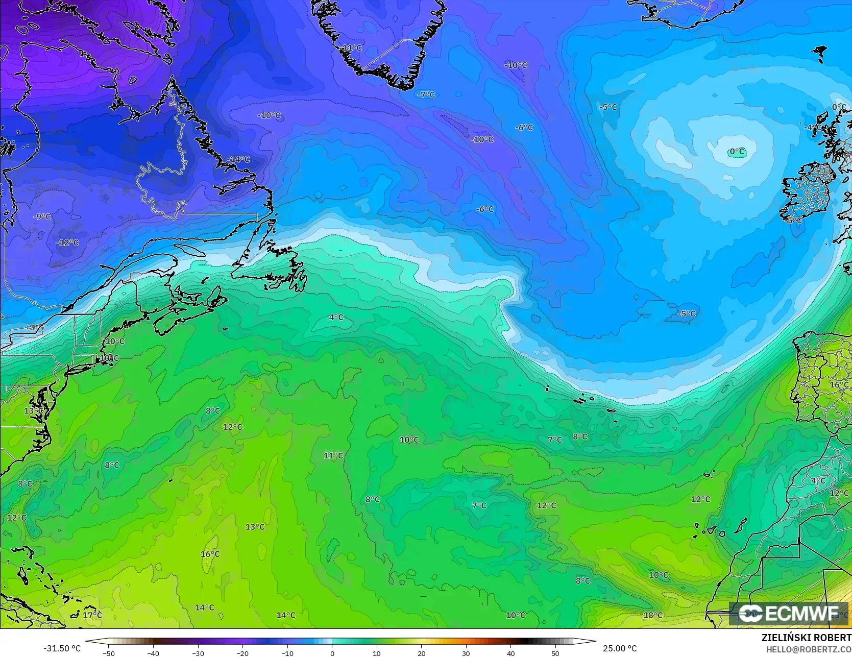 ECMWF IFS 0.25° model - North Atlantic, Temperature at 850hPa