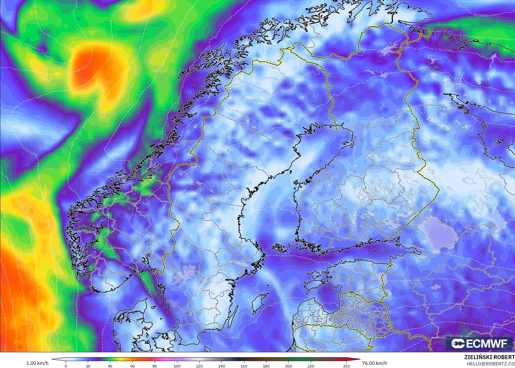 ECMWF IFS 0.25° model - Scandinavia, Wind Gusts Peak