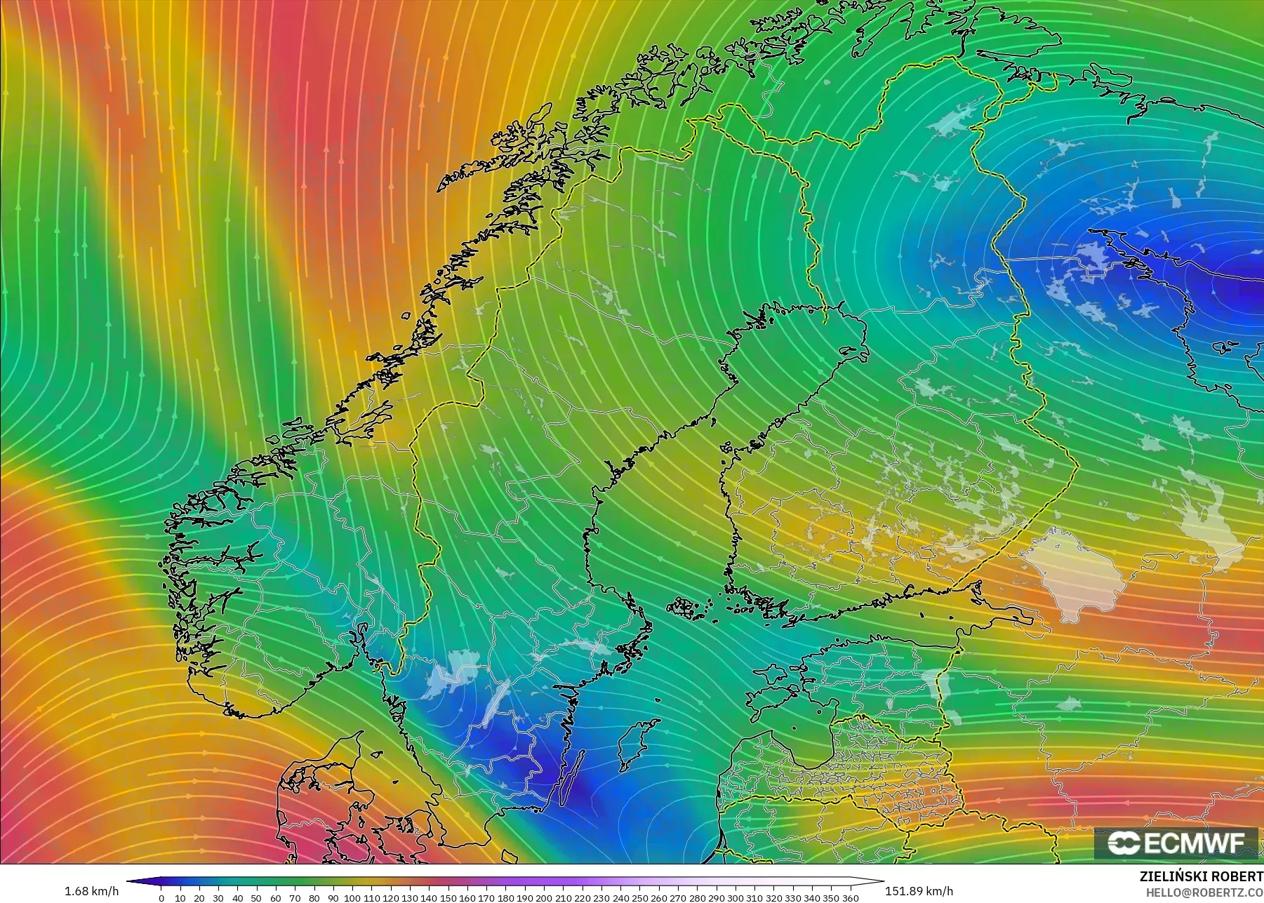 ECMWF IFS 0.25° model - Scandinavia, Wind at 300hPa (jet stream)