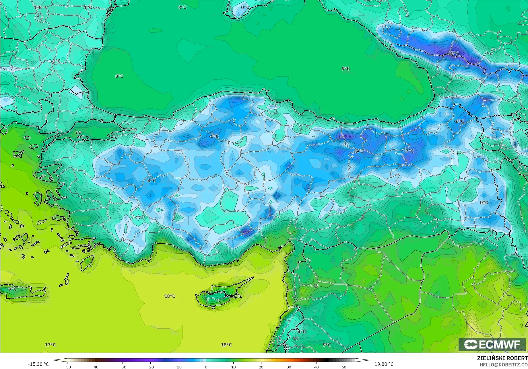 ECMWF IFS 0.25° model - Turkey, Temperature at 2m
