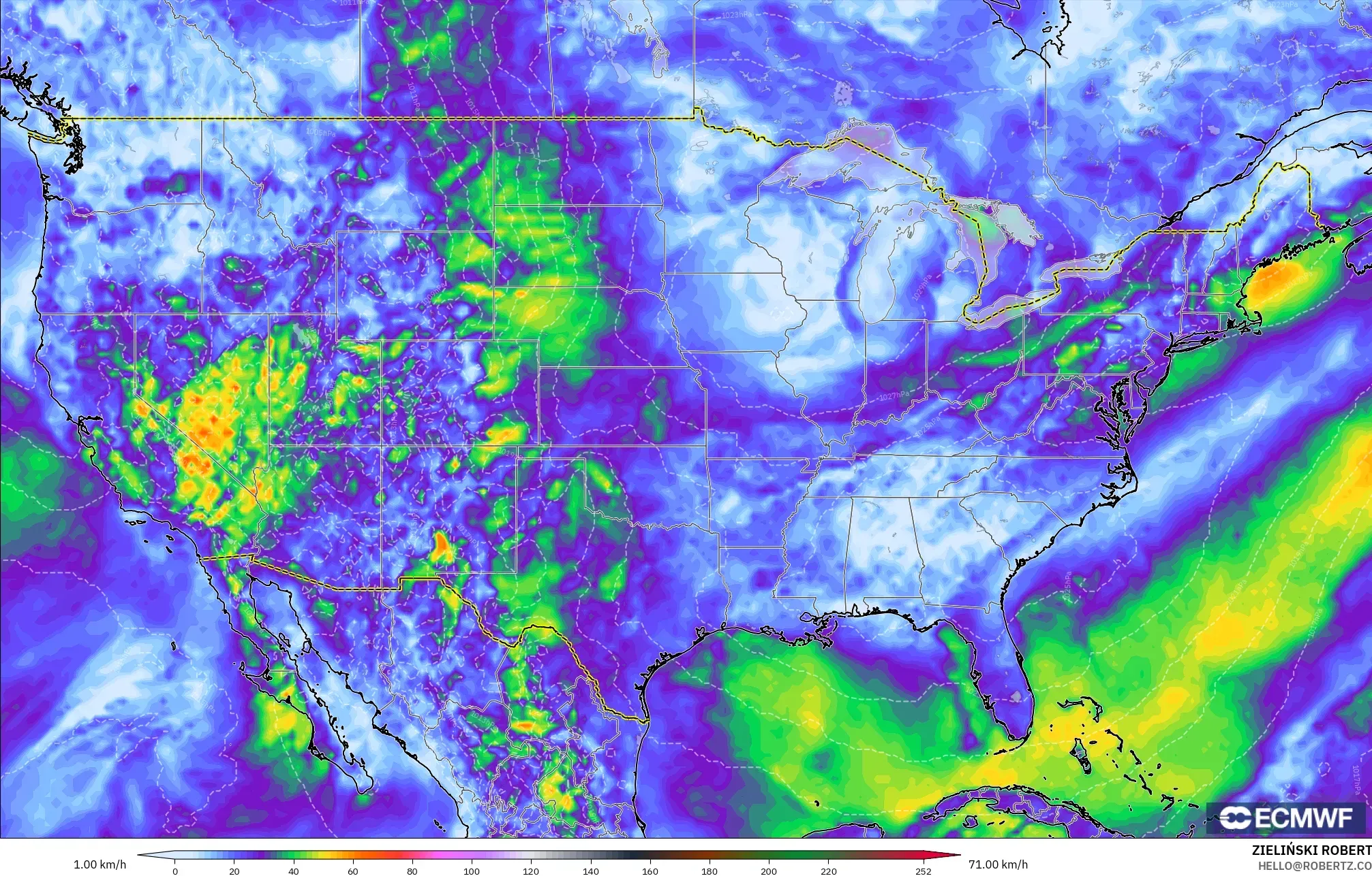 ECMWF IFS 0.25° model - United States, Wind Gusts