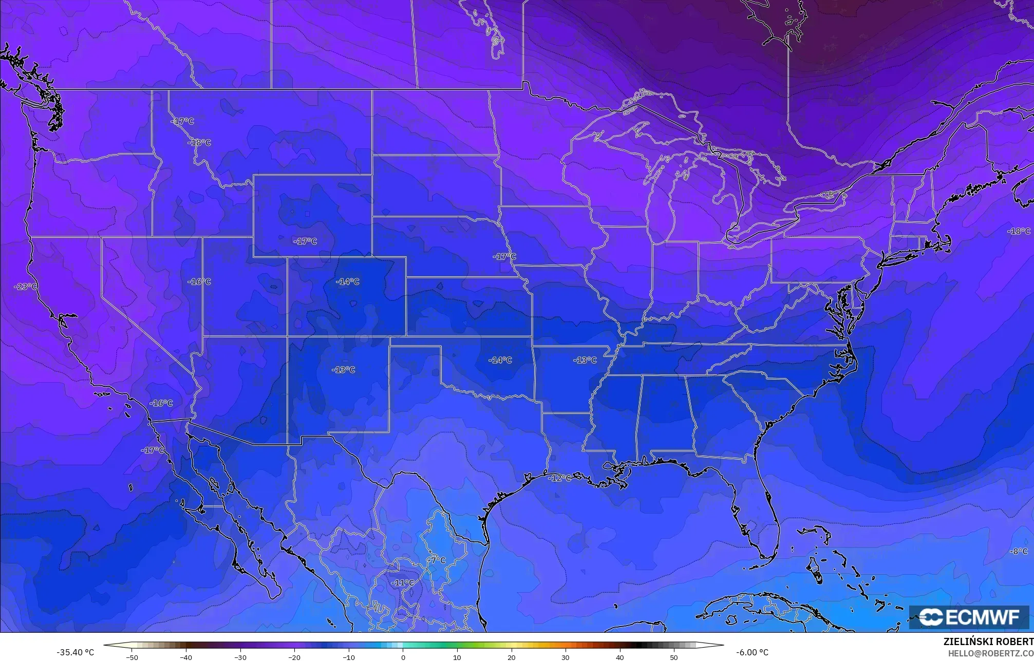 ECMWF IFS 0.25° model - United States, Temperature at 500hPa