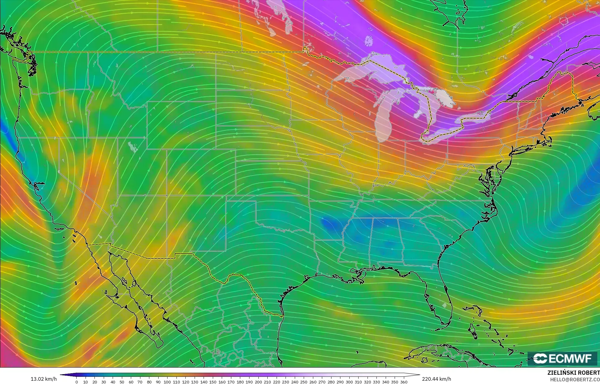 ECMWF IFS 0.25° model - United States, Wind at 300hPa (jet stream)