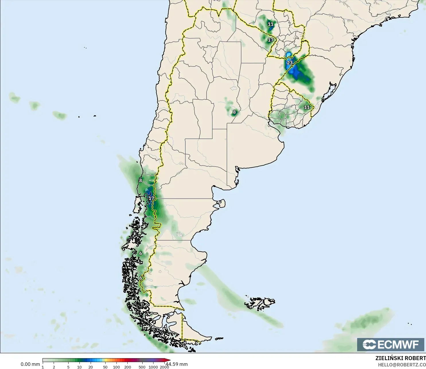 ECMWF IFS 0.25° model - Argentina, Akumulasi Curah Hujan