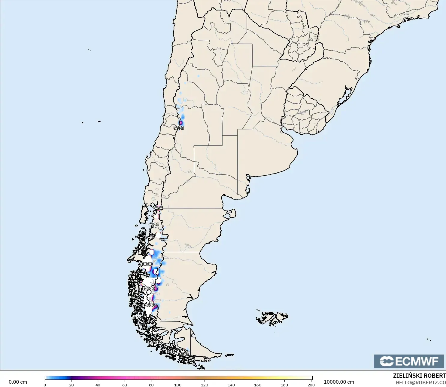 ECMWF IFS 0.25° model - Argentina, Kedalaman Salju