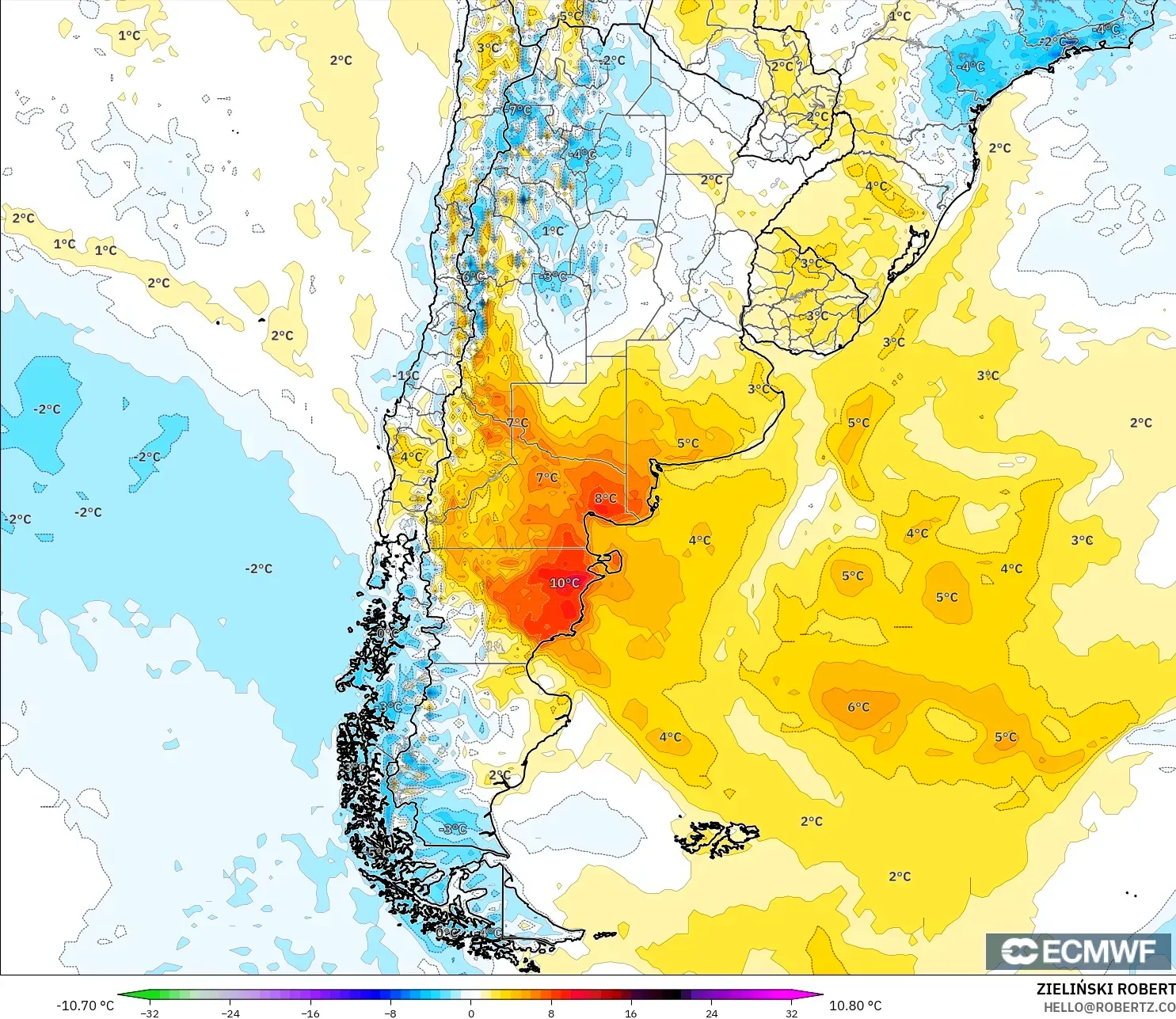 ECMWF IFS 0.25° model - Argentina, Anomali Suhu 2 m