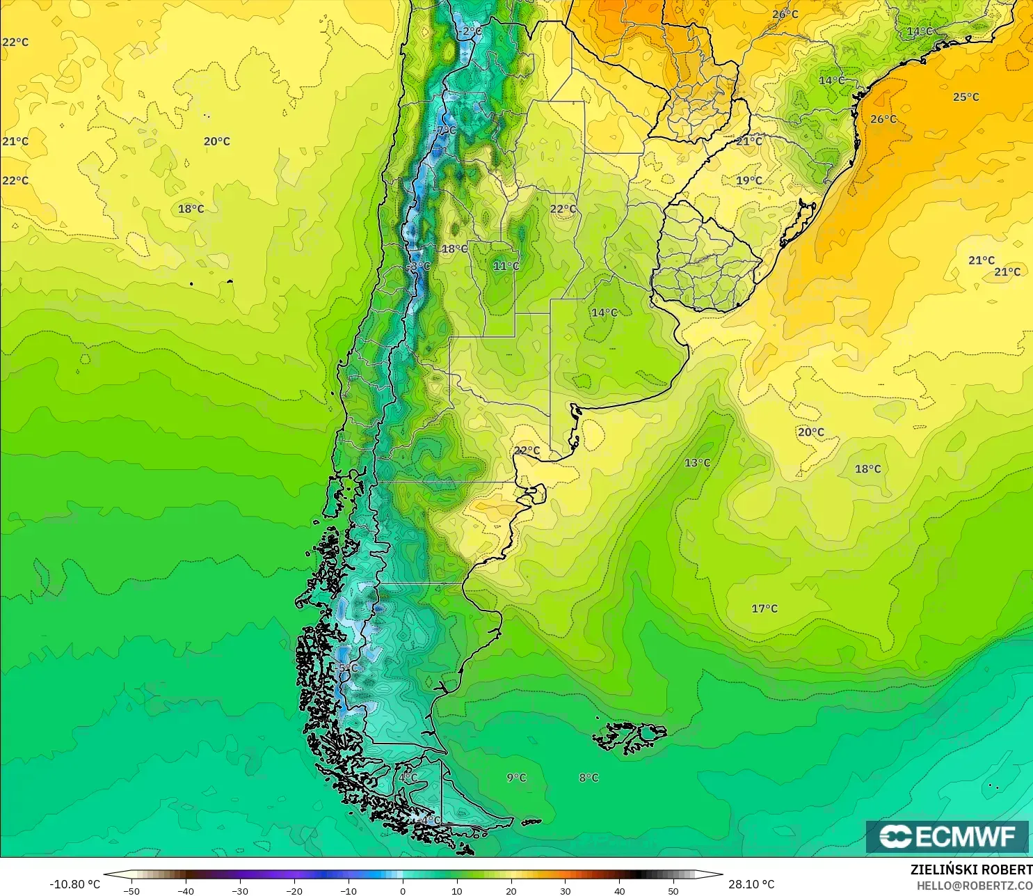 ECMWF IFS 0.25° model - Argentina, Suhu 2 m