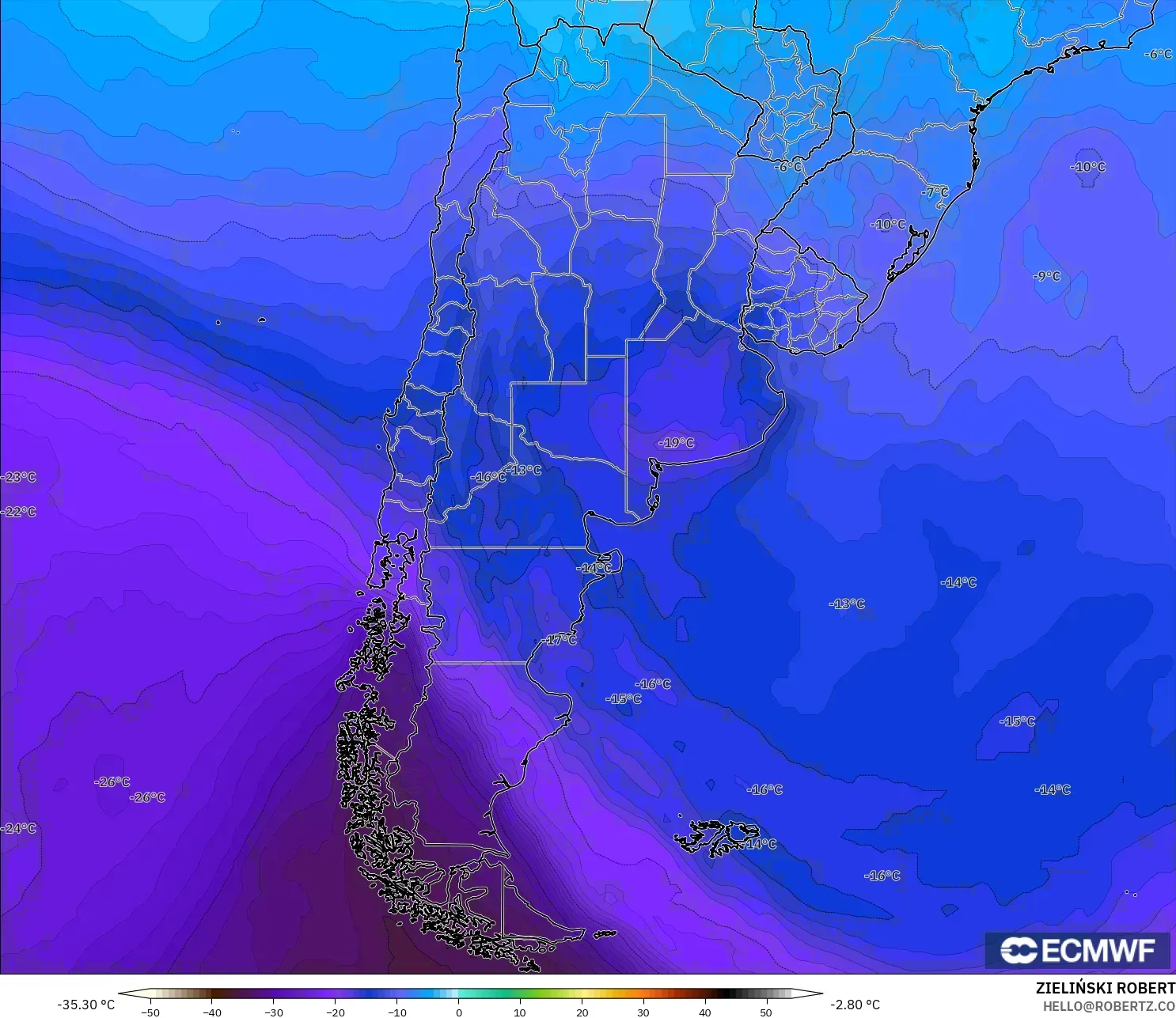 ECMWF IFS 0.25° model - Argentina, Suhu 500 hPa