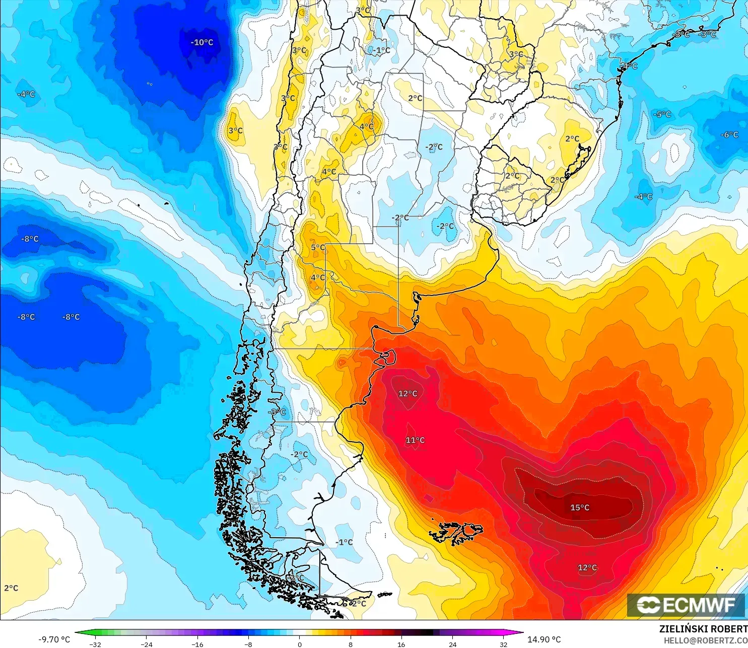 ECMWF IFS 0.25° model - Argentina, Anomali Suhu 850 hPa