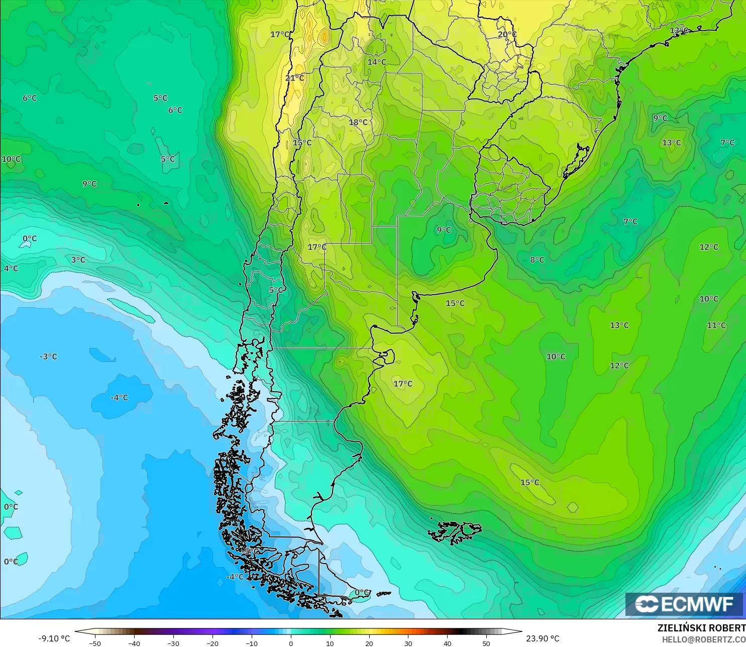 ECMWF IFS 0.25° model - Argentina, Suhu 850 hPa