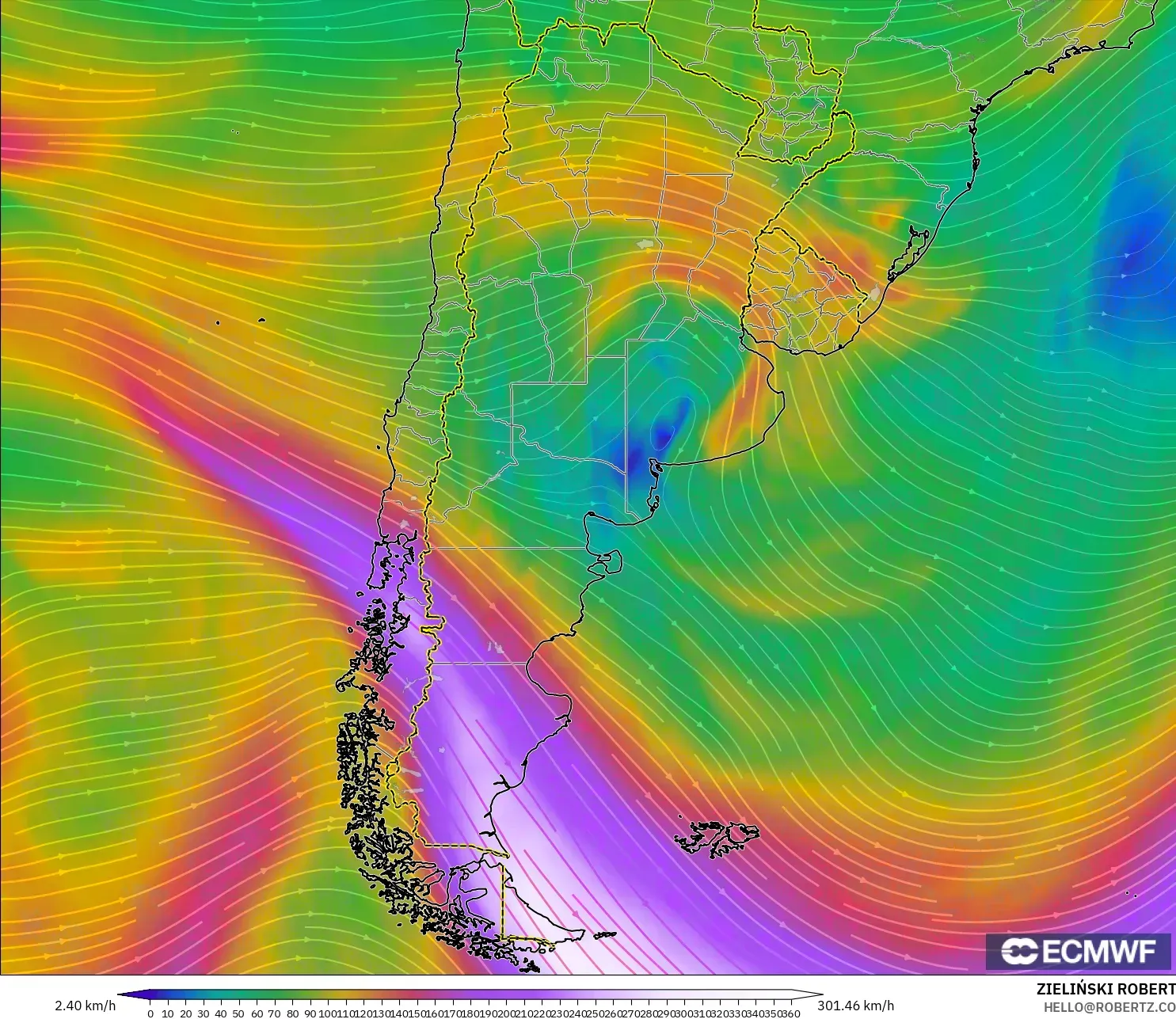 ECMWF IFS 0.25° model - Argentina, Angin 300 hPa (aliran jet)