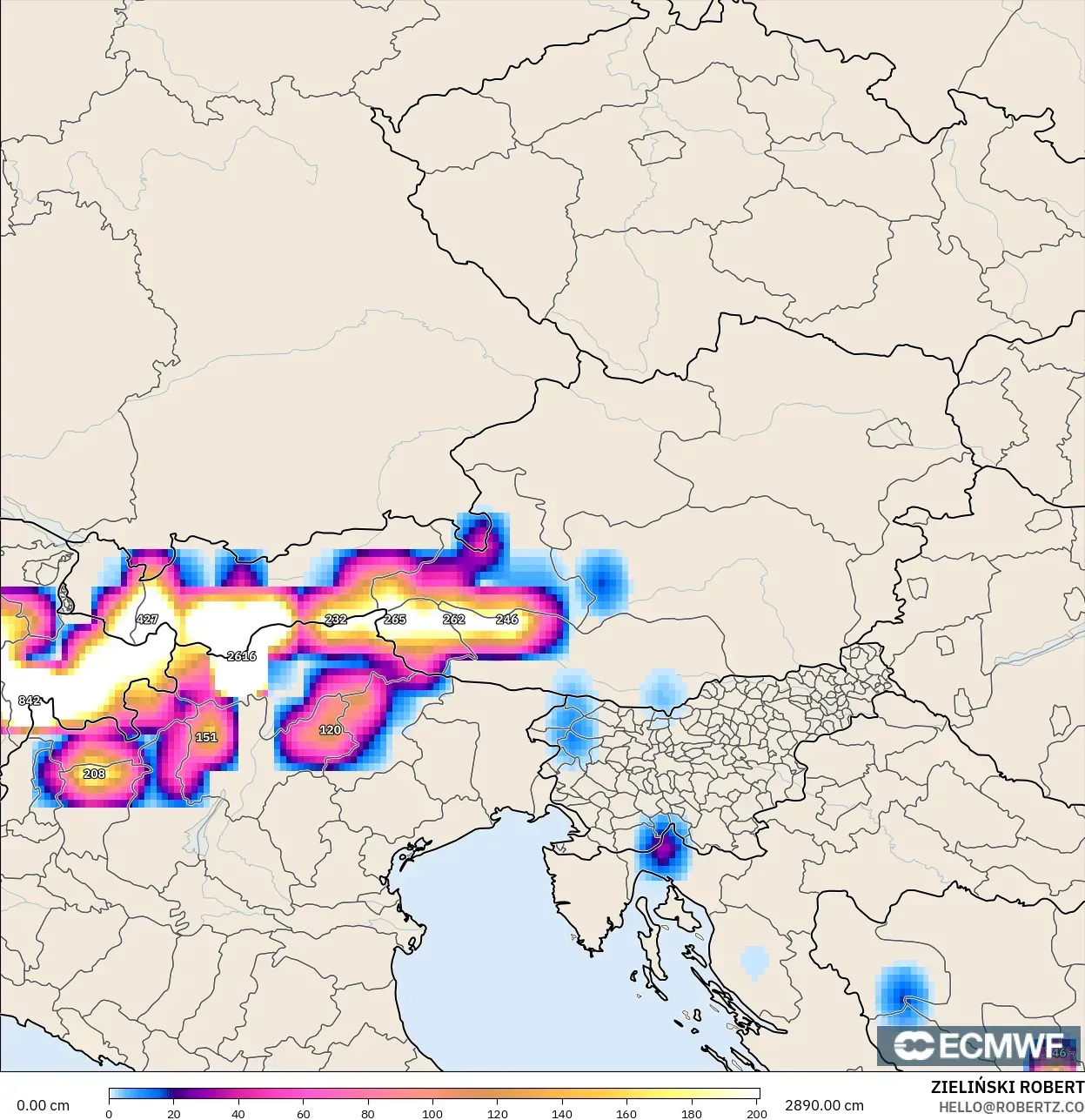 ECMWF IFS 0.25° model - Austria, Kedalaman Salju
