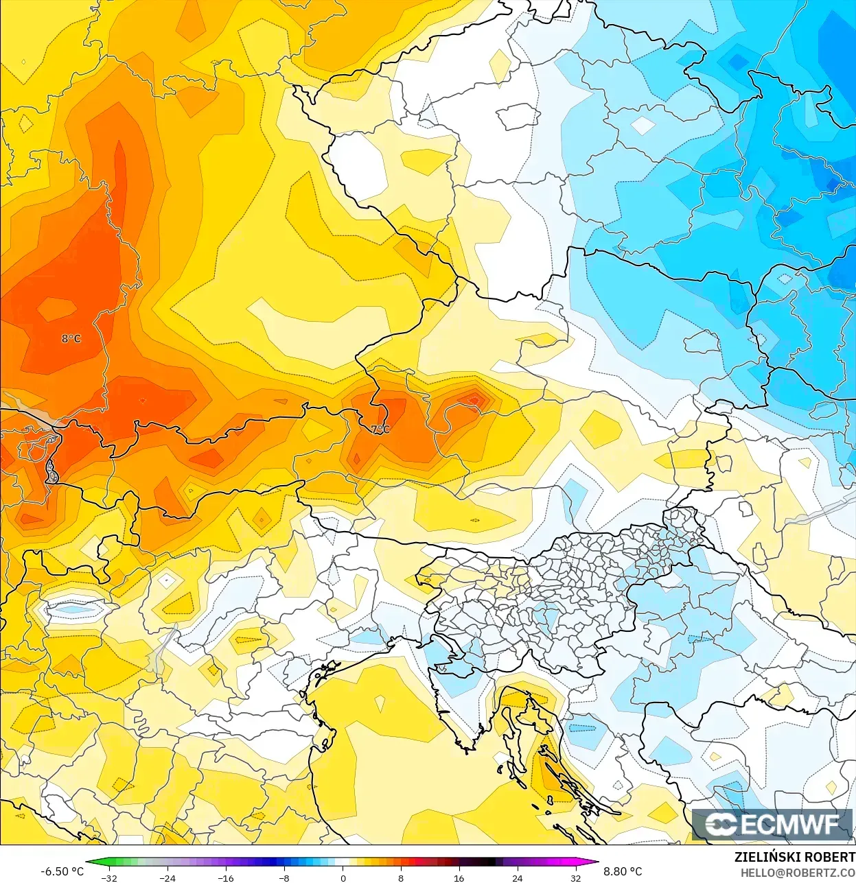 ECMWF IFS 0.25° model - Austria, Anomali Suhu 2 m