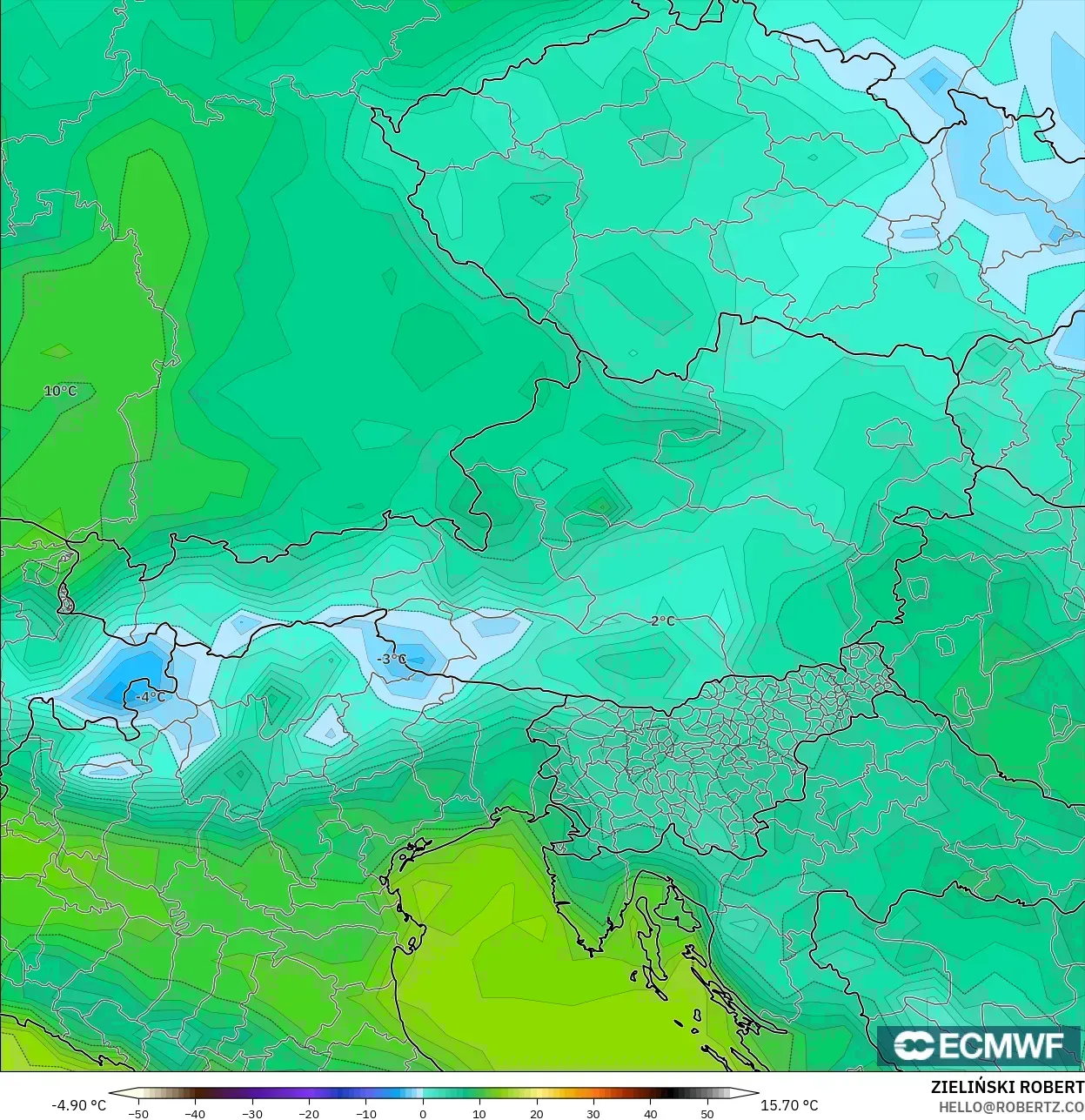 ECMWF IFS 0.25° model - Austria, Suhu 2 m