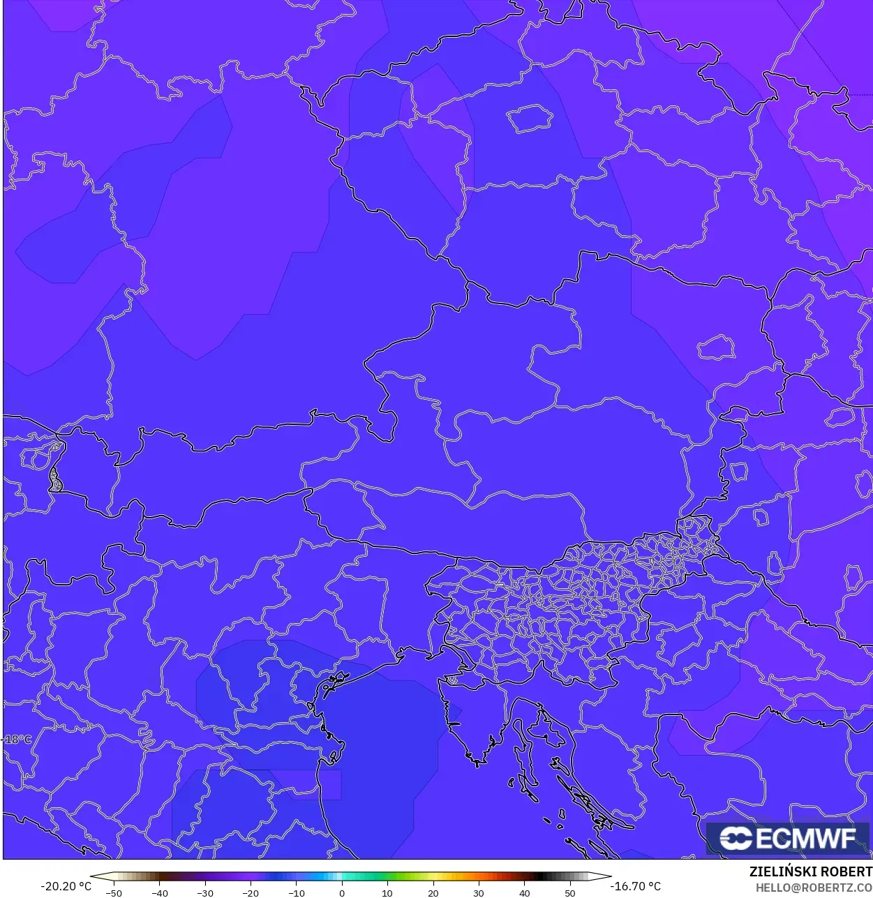 ECMWF IFS 0.25° model - Austria, Suhu 500 hPa