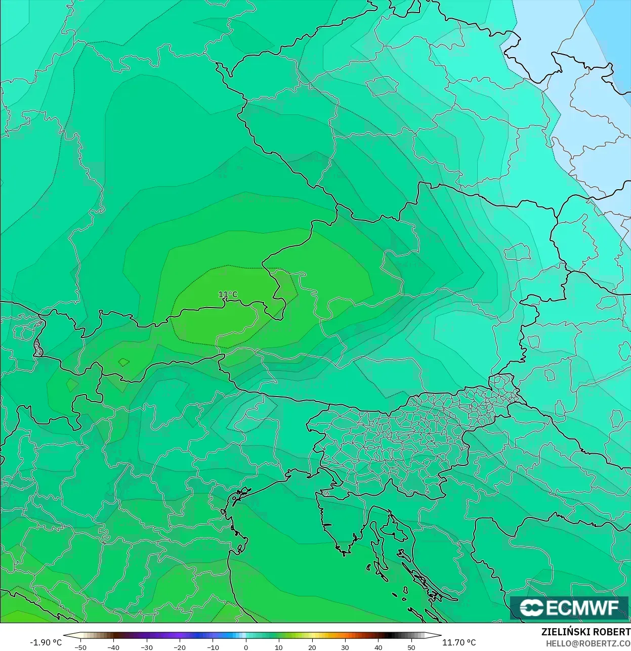 ECMWF IFS 0.25° model - Austria, Suhu 850 hPa