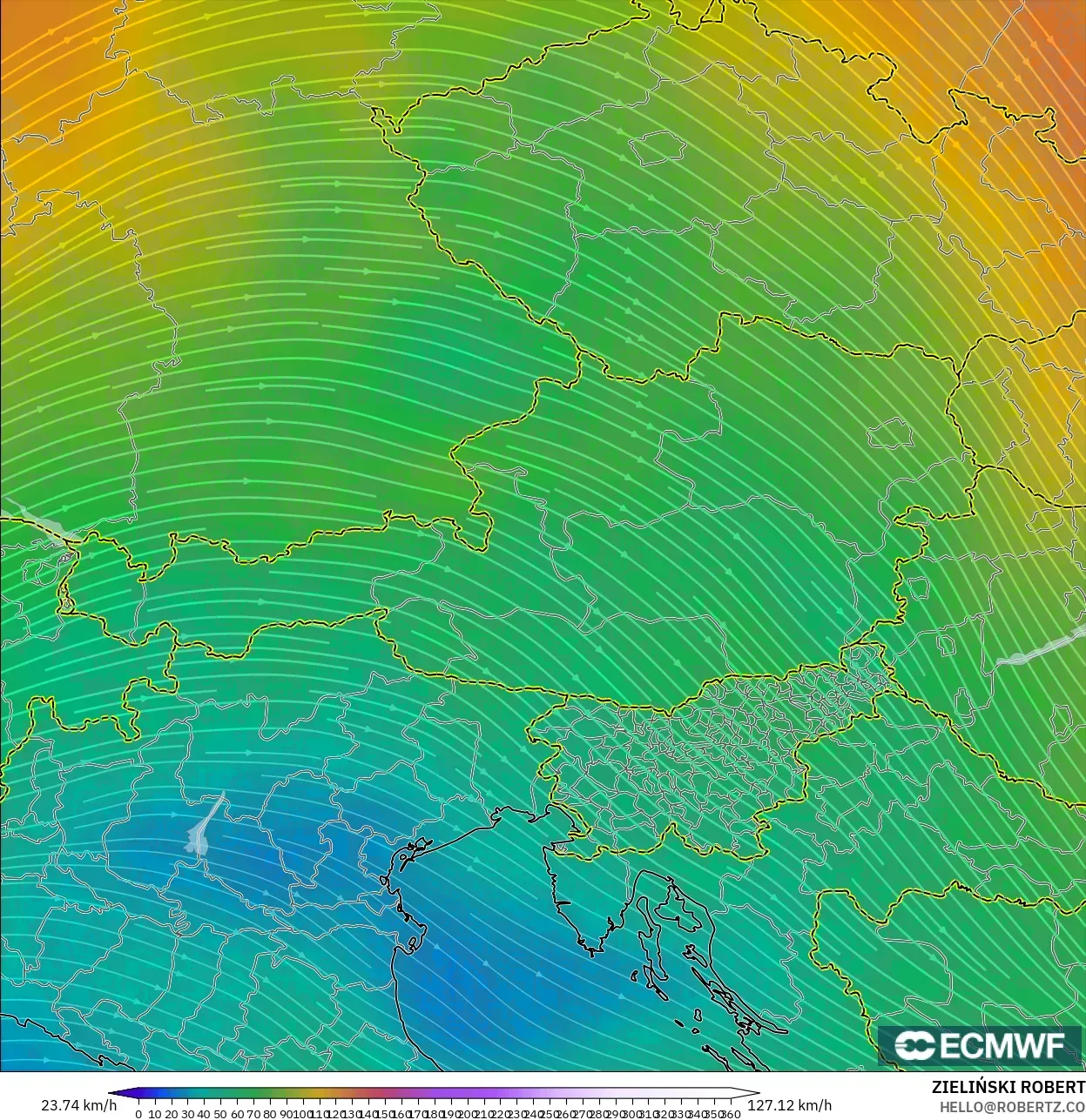 ECMWF IFS 0.25° model - Austria, Angin 300 hPa (aliran jet)