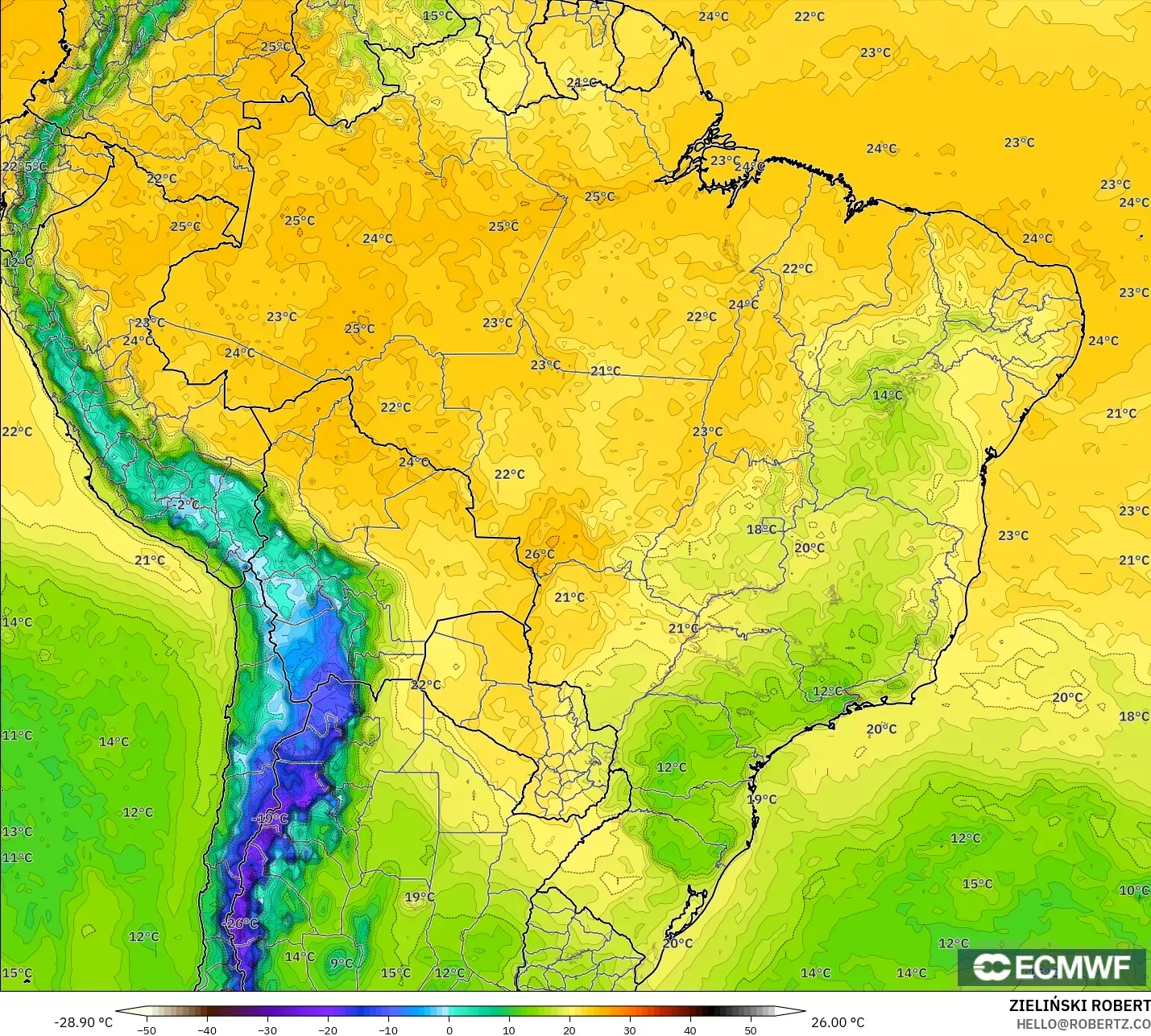 ECMWF IFS 0.25° model - Brasil, Titik Embun 2 m