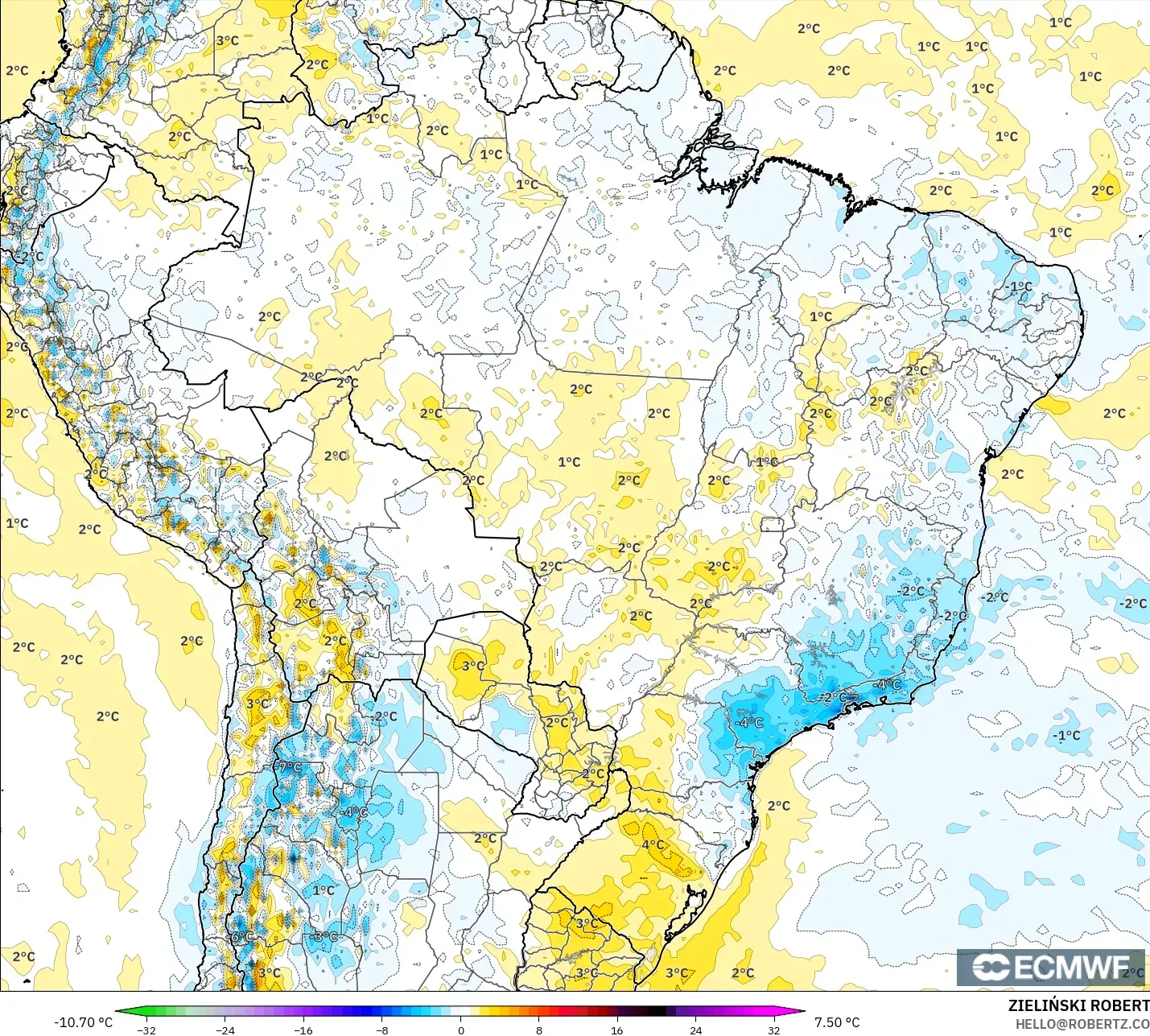 ECMWF IFS 0.25° model - Brasil, Anomali Suhu 2 m