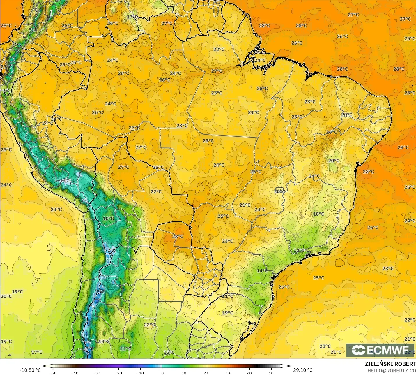ECMWF IFS 0.25° model - Brasil, Suhu 2 m