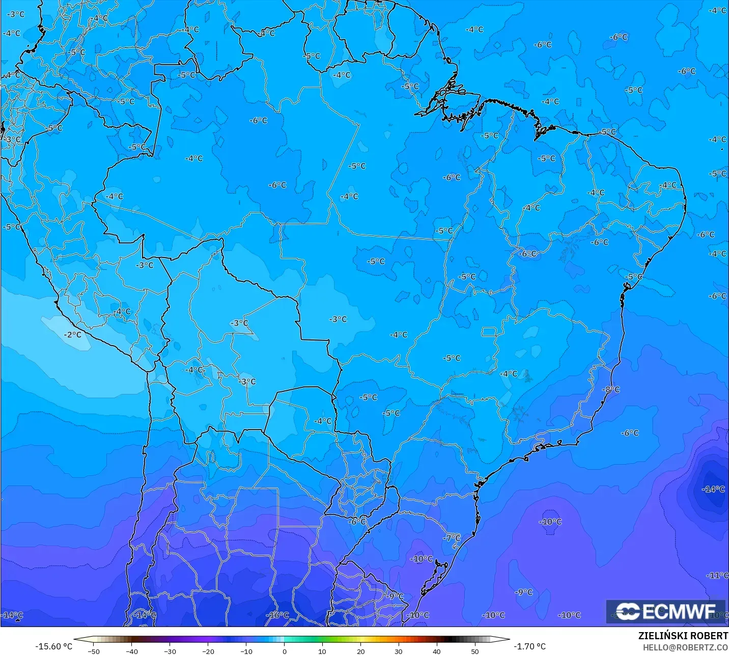 ECMWF IFS 0.25° model - Brasil, Suhu 500 hPa