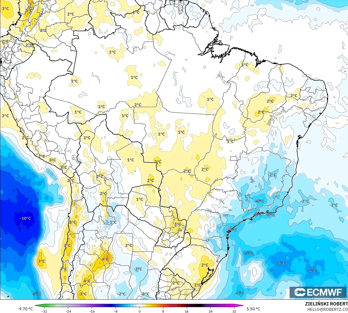 ECMWF IFS 0.25° model - Brasil, Anomali Suhu 850 hPa
