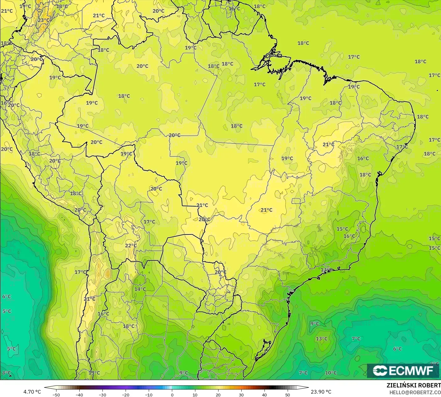 ECMWF IFS 0.25° model - Brasil, Suhu 850 hPa