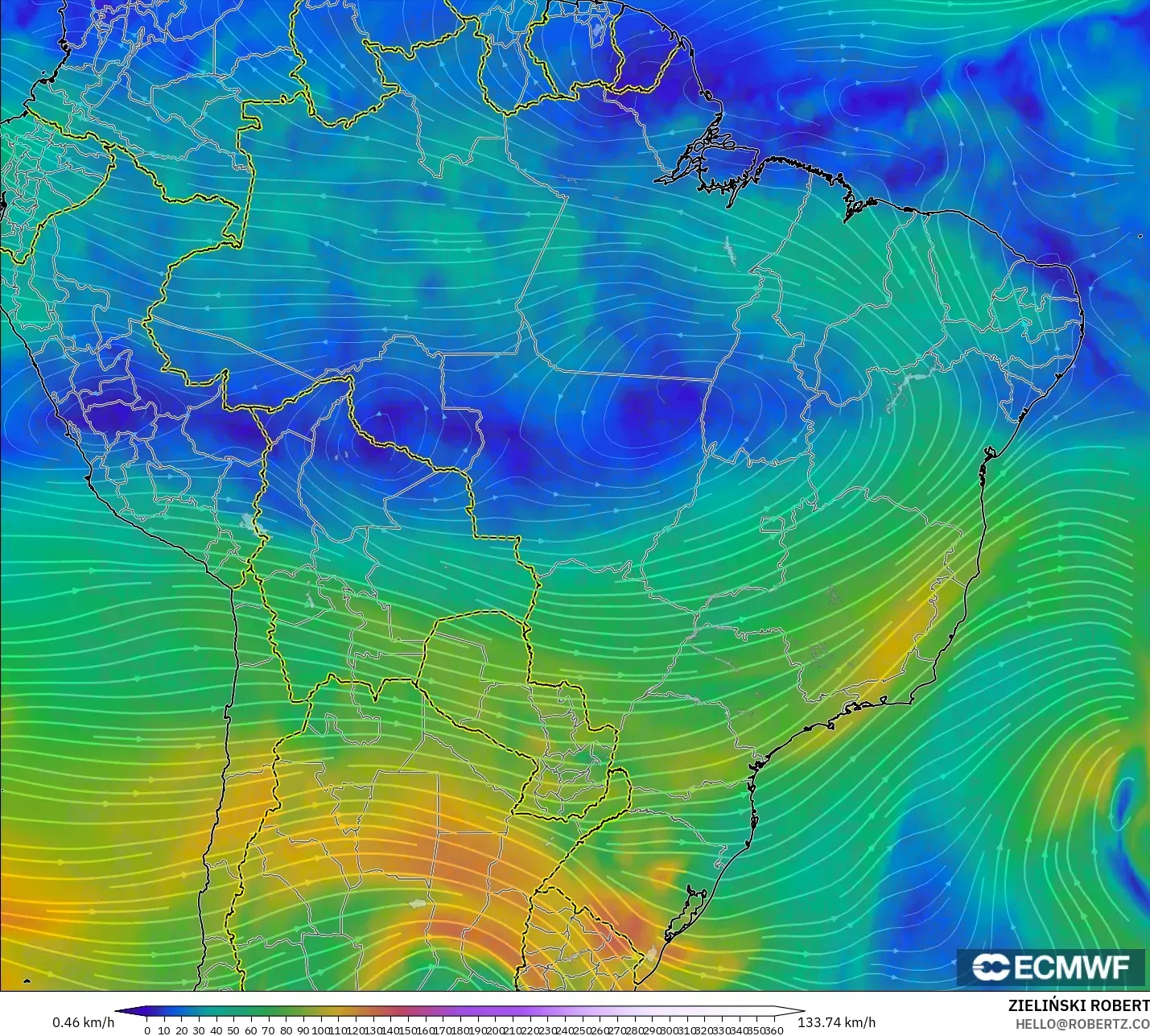 ECMWF IFS 0.25° model - Brasil, Angin 300 hPa (aliran jet)
