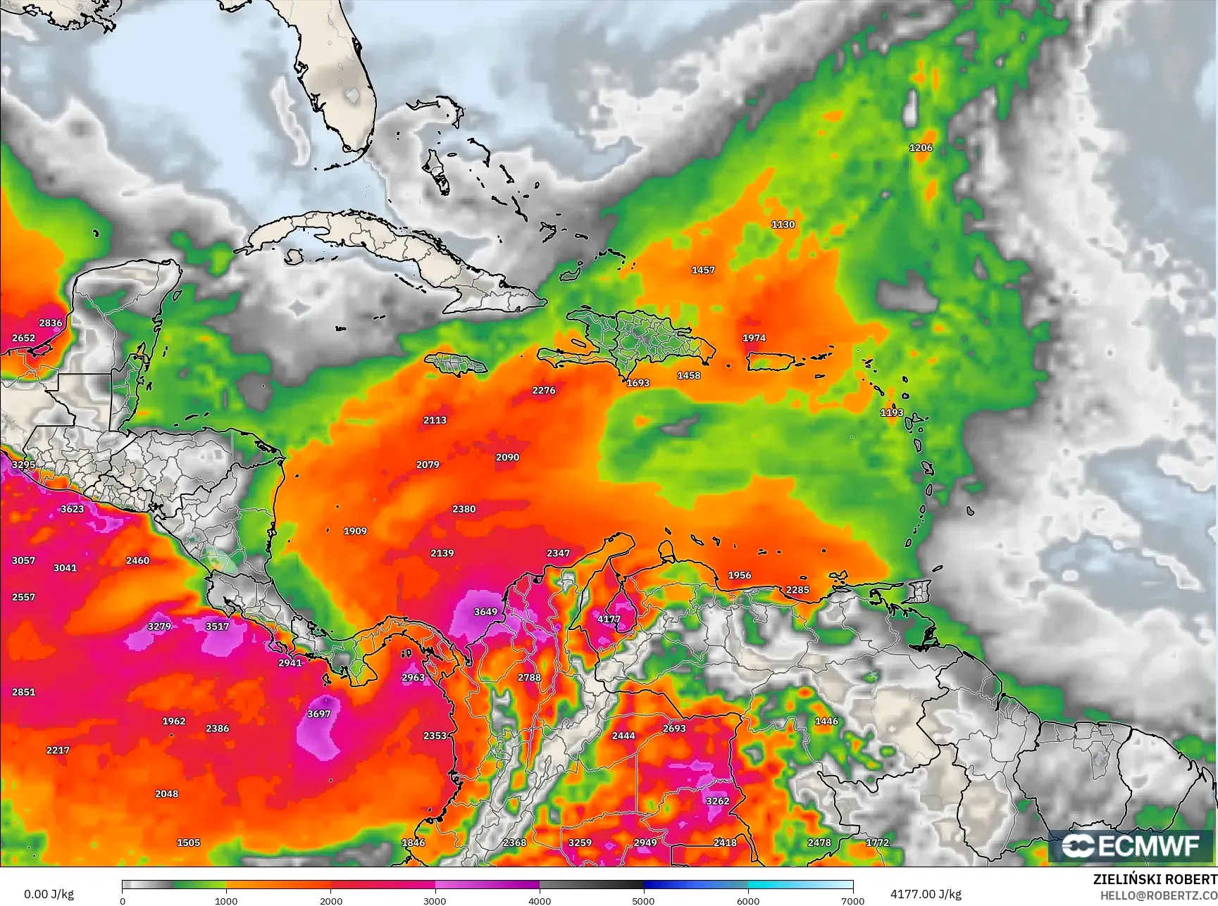 ECMWF IFS 0.25° model - Karibia, CAPE