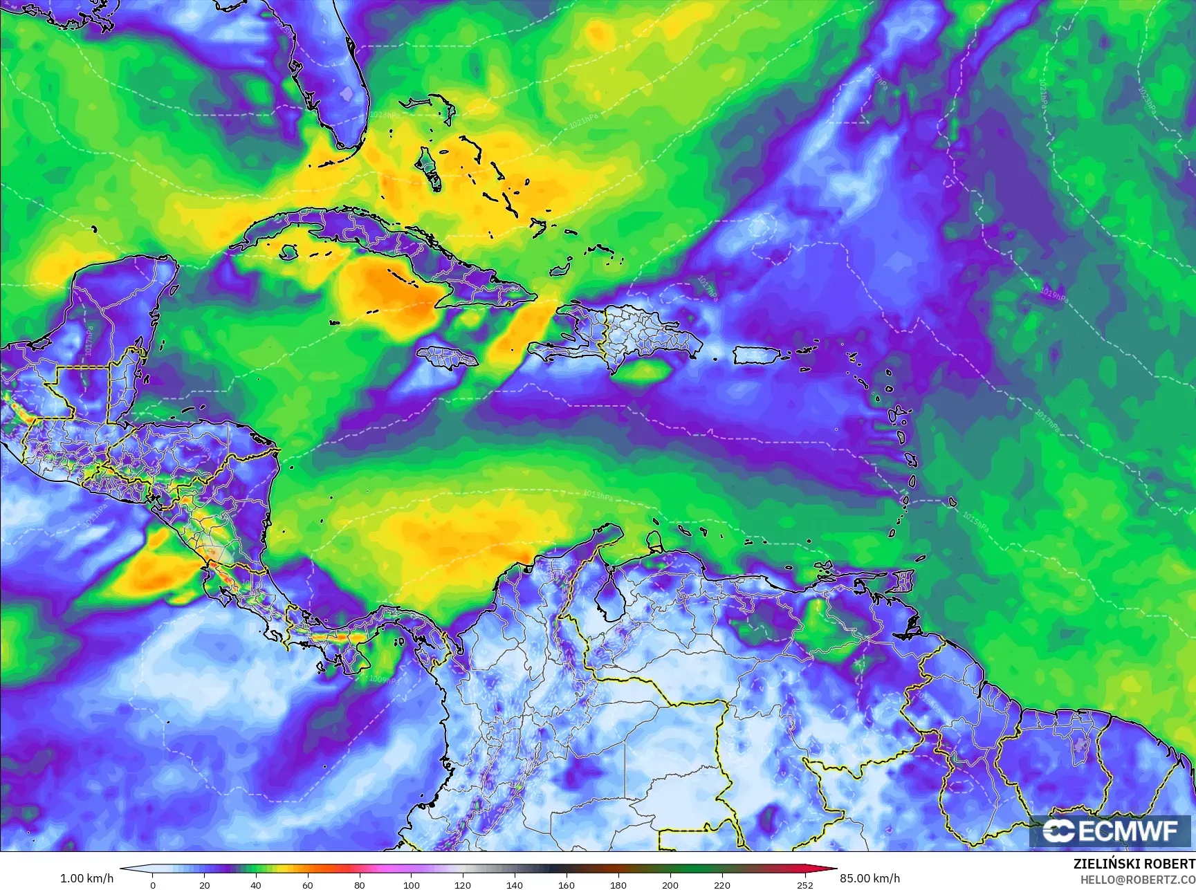 ECMWF IFS 0.25° model - Karibia, Puncak Hembusan