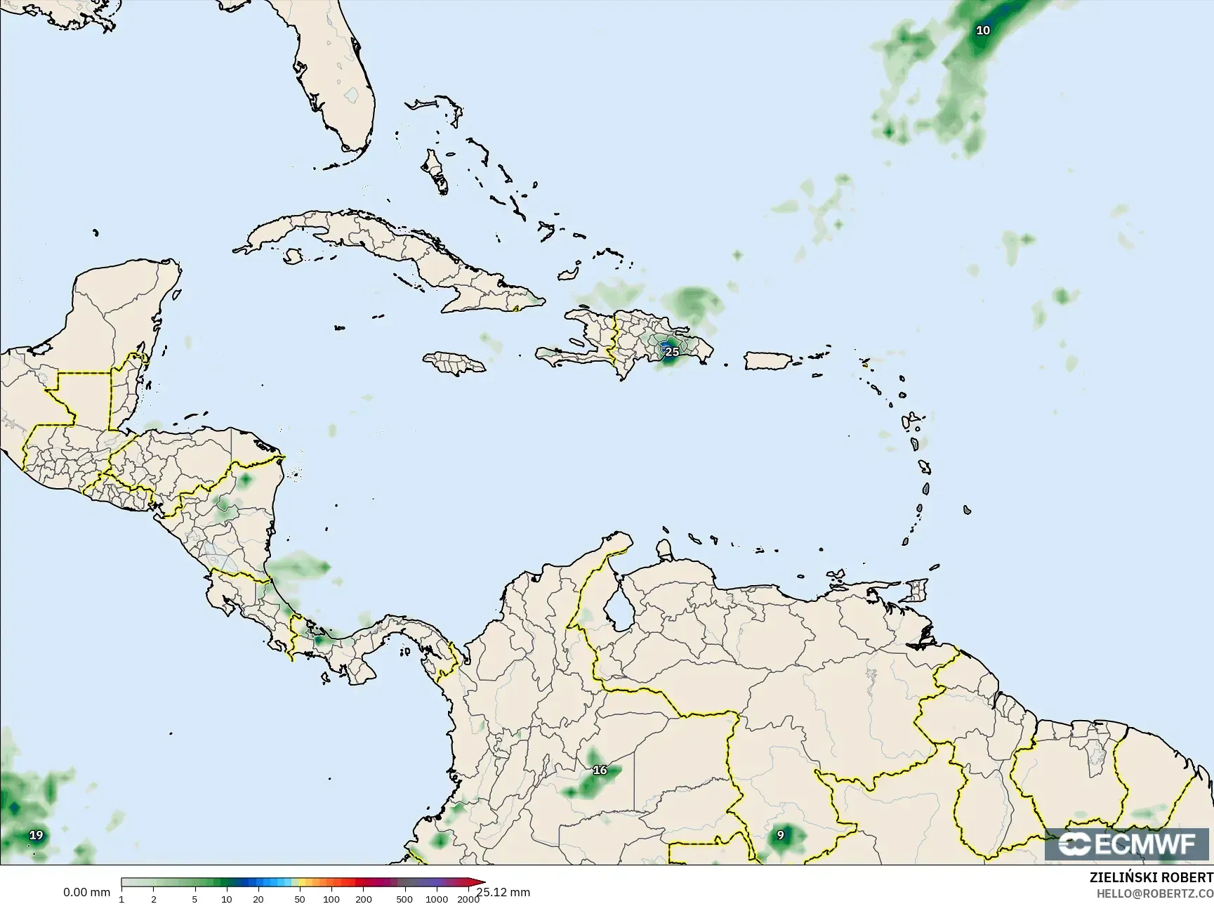 ECMWF IFS 0.25° model - Karibia, Akumulasi Curah Hujan