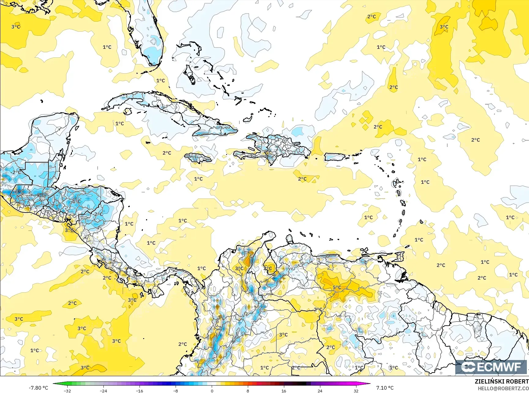 ECMWF IFS 0.25° model - Karibia, Anomali Suhu 2 m