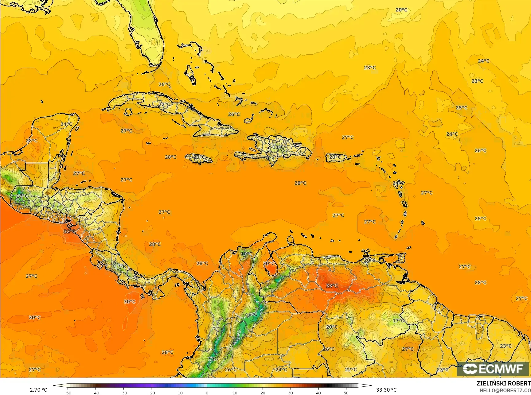 ECMWF IFS 0.25° model - Karibia, Suhu 2 m