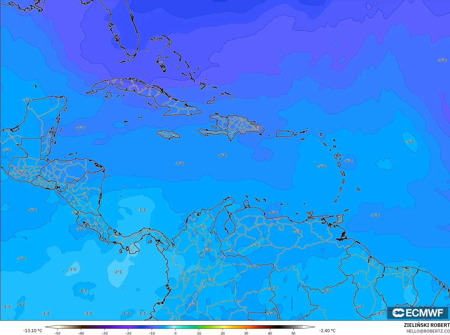 ECMWF IFS 0.25° model - Karibia, Suhu 500 hPa