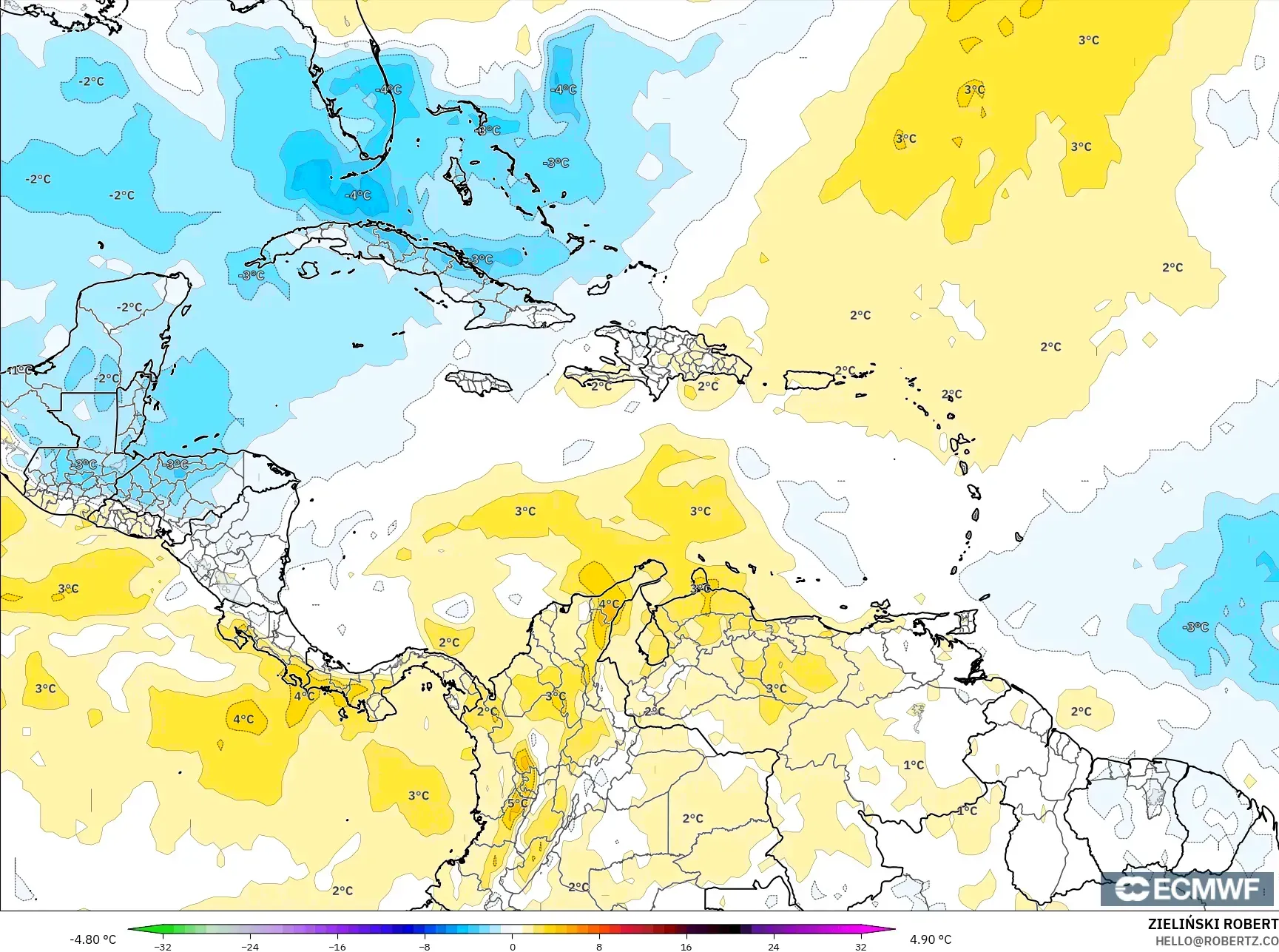 ECMWF IFS 0.25° model - Karibia, Anomali Suhu 850 hPa