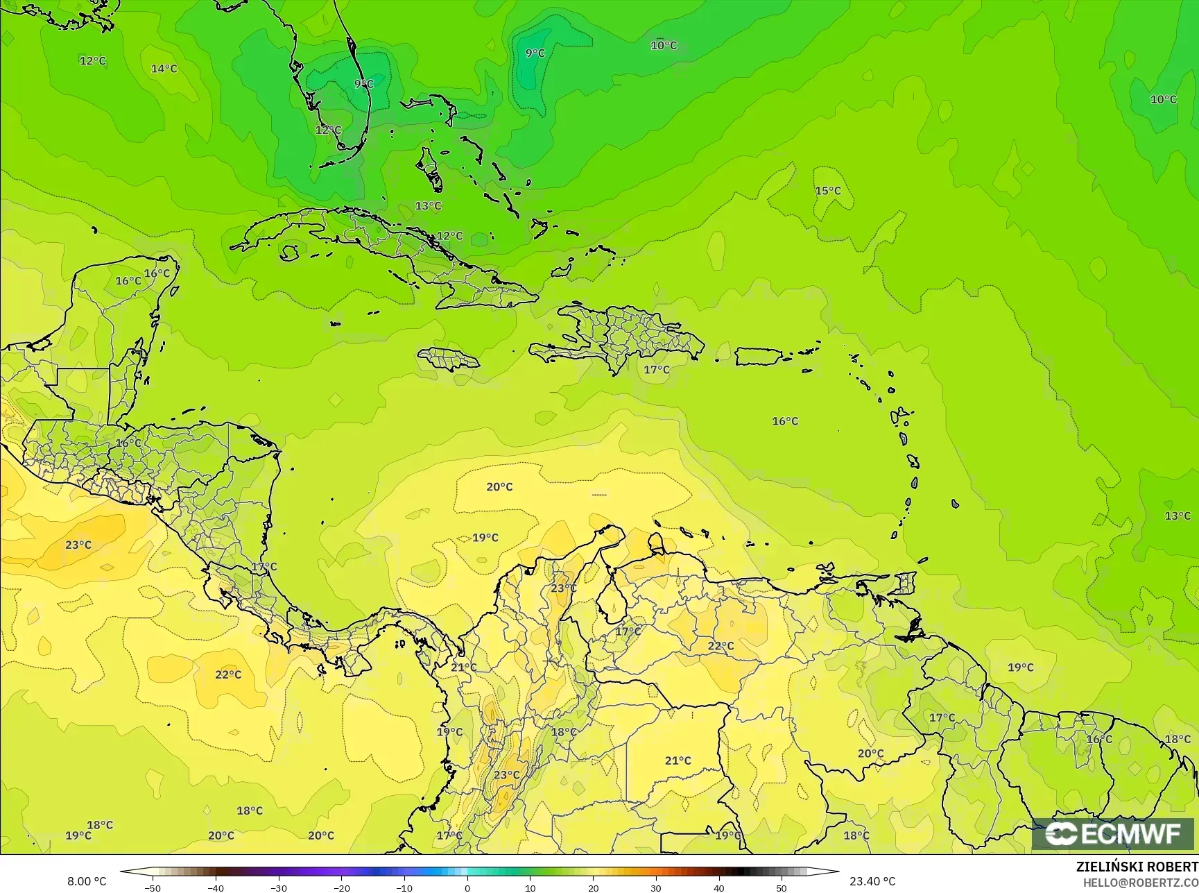 ECMWF IFS 0.25° model - Karibia, Suhu 850 hPa