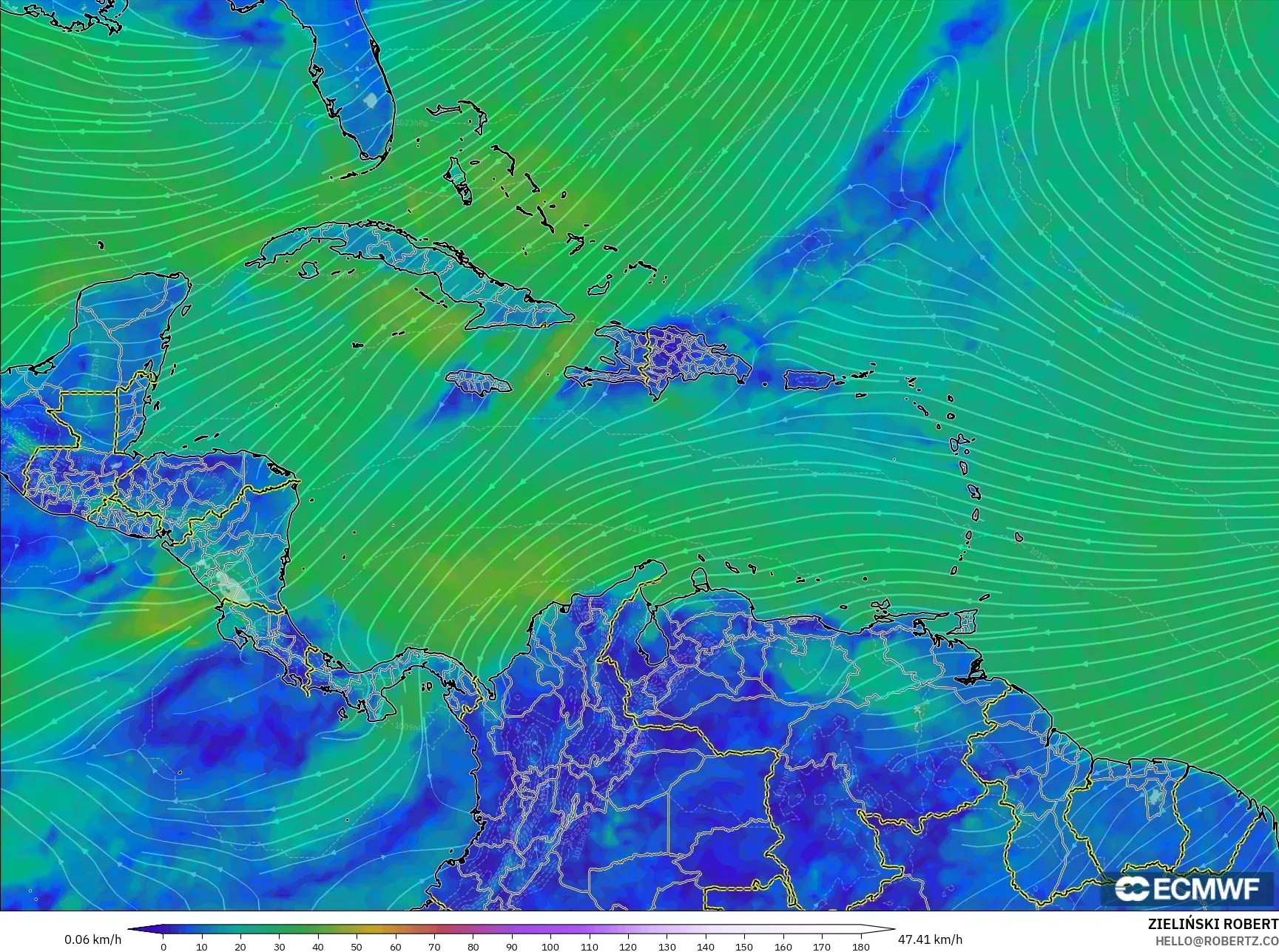 ECMWF IFS 0.25° model - Karibia, Angin 10 m